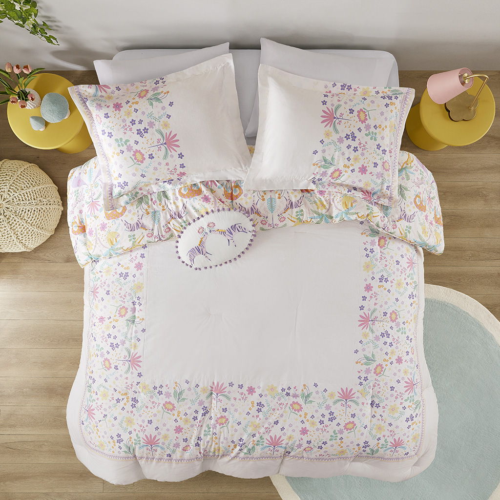 Lulu - Floral Reversible Cotton Comforter Set With Throw Pillow - Purple