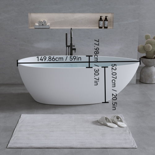 Solid Surface Matte Tub, Freestanding Solid Surface Resin Stone Bathtub, Solid Surface Matte White Soaking Tub, Free Standing Tub With Overflow And Pop-Up Drain - Matte White