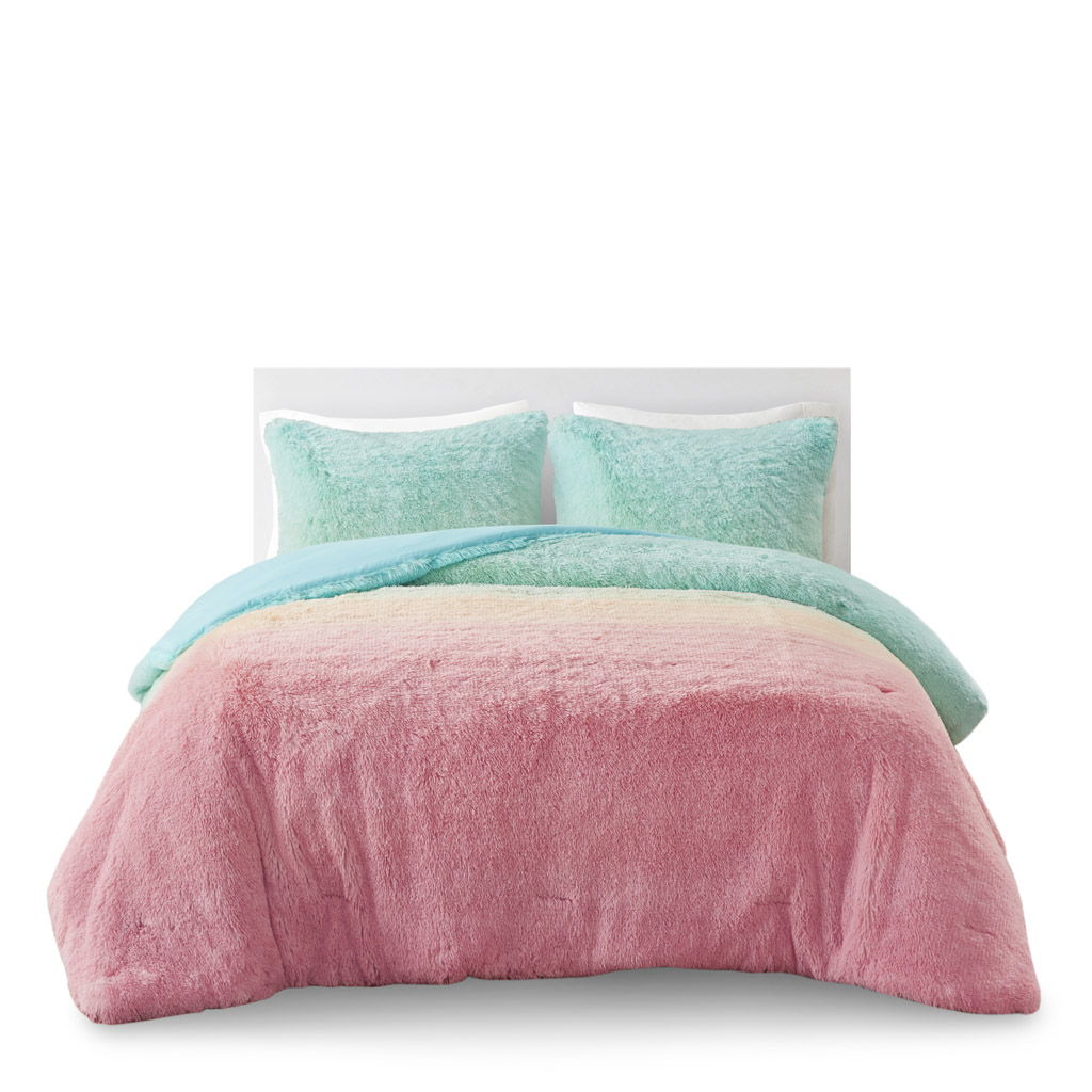 Primrose - Ombre Shaggy Faux Fur Twin Comforter Set - Aqua Multi