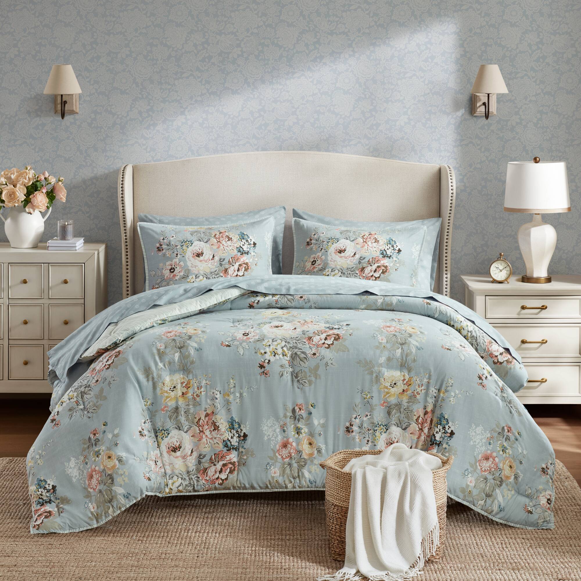 Heather - California King 7 Piece Vintage-Inspired Floral Print - Soft Blue