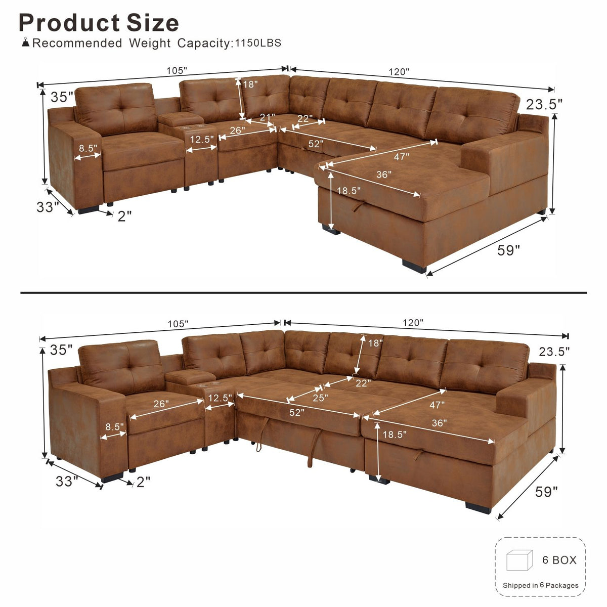 U - Shape Sectional Pull Out Bed With Console, Storage, And USB Charging