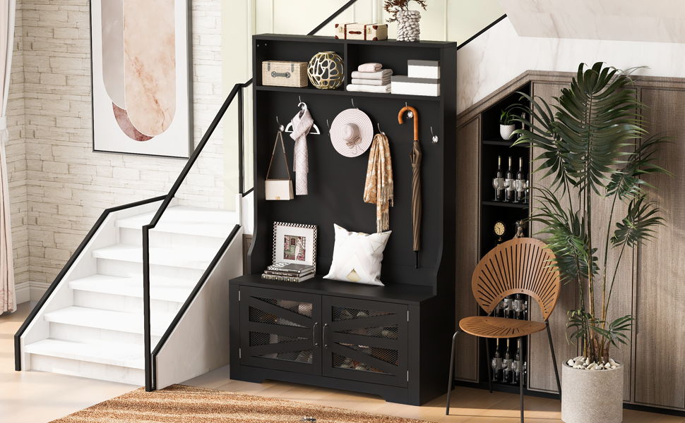 Entryway Bench With Coat Rack, 3 In 1 Design And Adjustable Shelves