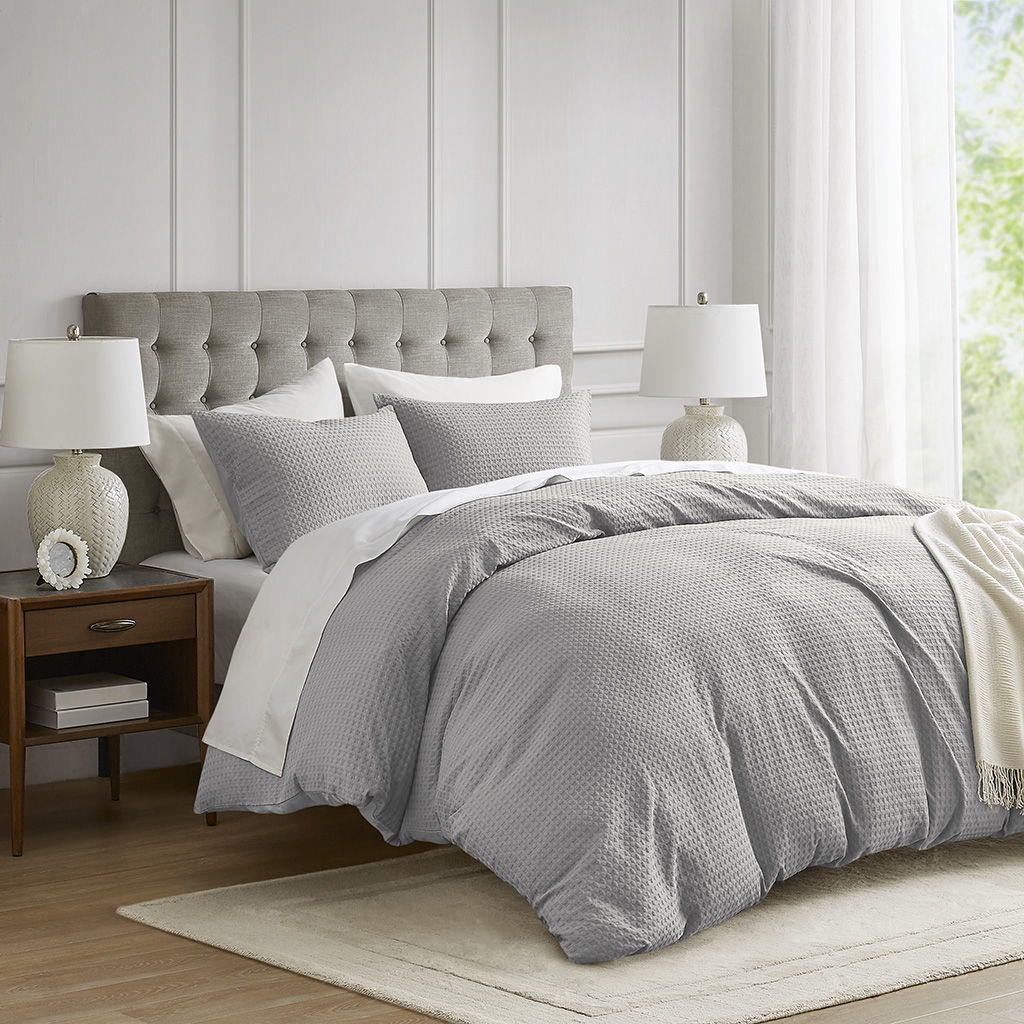 Mina - Twin/Twin Long Waffle Weave Textured Duvet Cover Set - Light Gray
