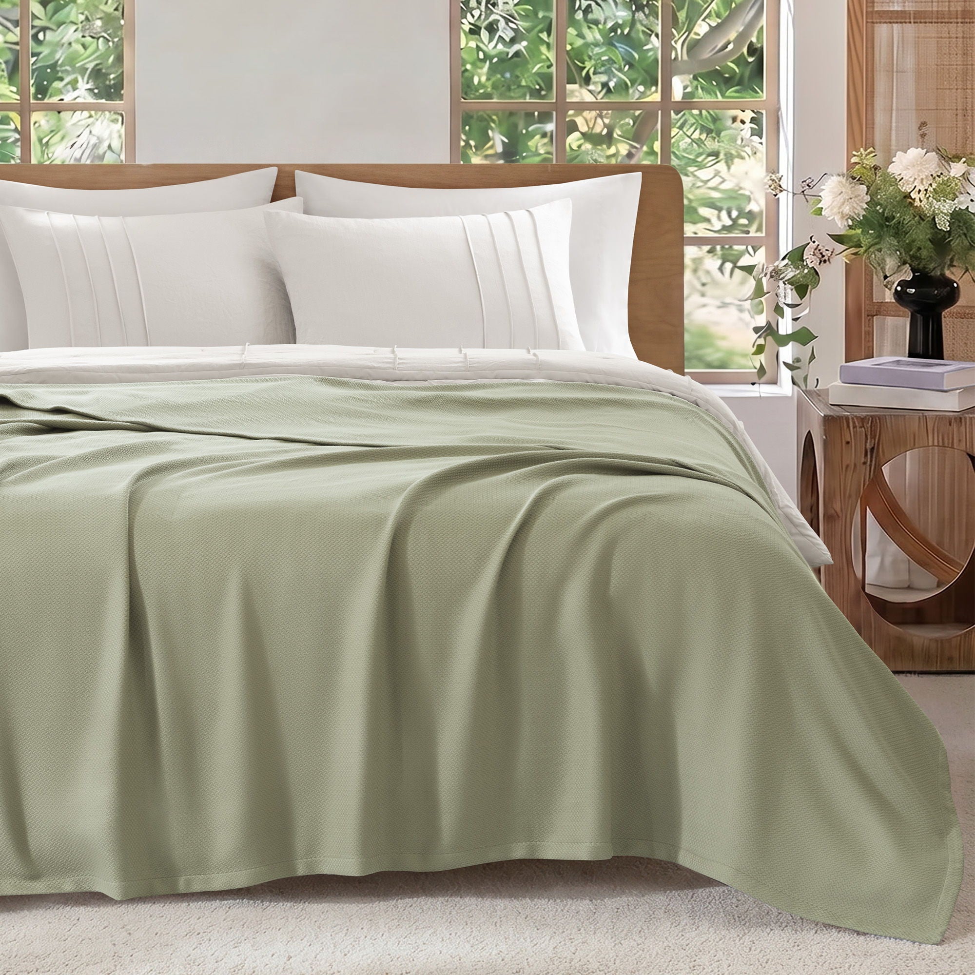 Egyptian Cotton - King 100% Certified Egyptian Cotton Blanket - Micro-Herringbone Green