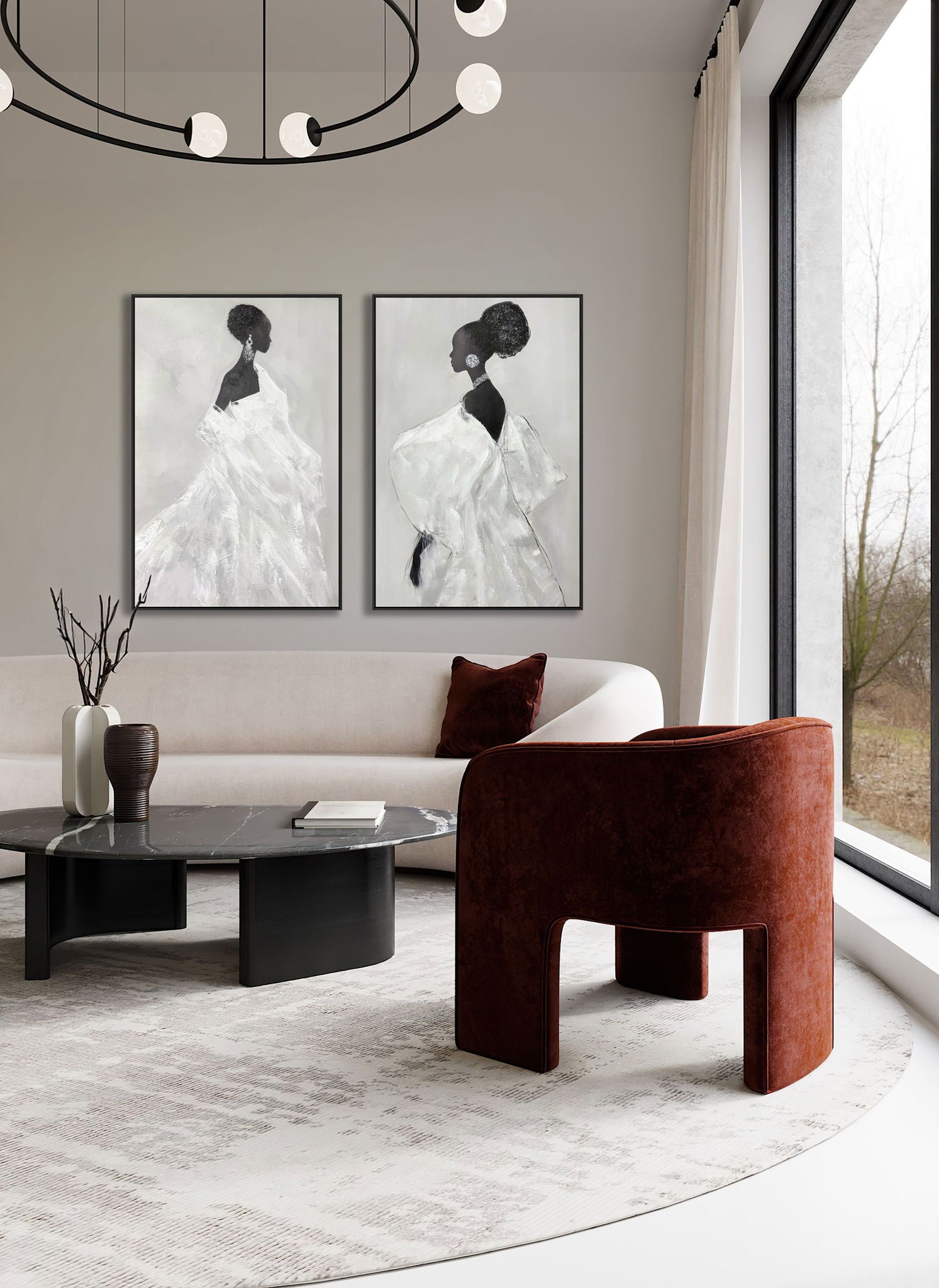 "Elegant Silhouette II" Hand-Painted With Rocks In Frame - Black / Gray
