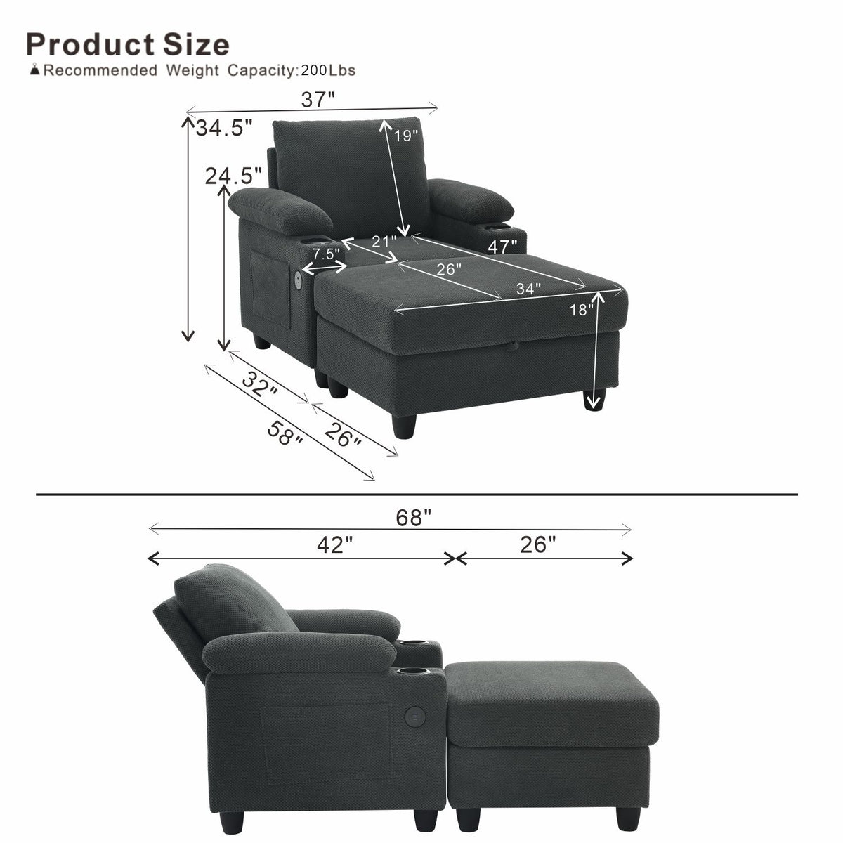 Accent Chair With Storage Ottoman, Reclining Single Chaise Lounge With Cupholders And USB, C Ports