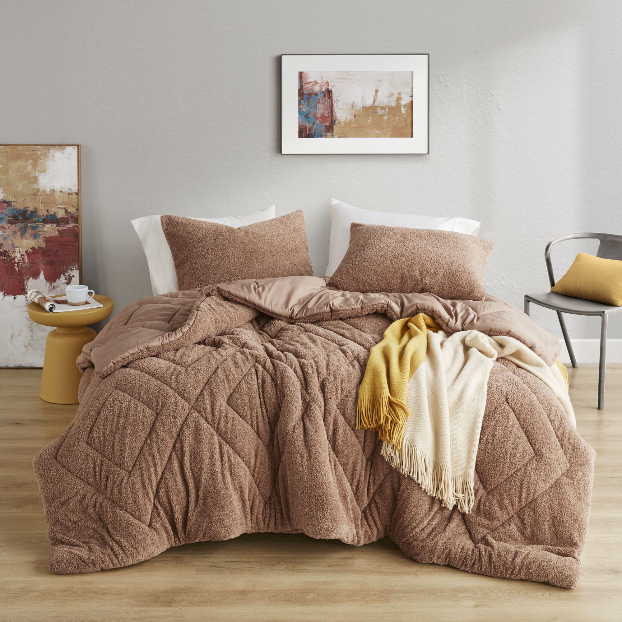 Kyla - King/California King Double Diamond Quilted Teddy Comforter Set - Brown