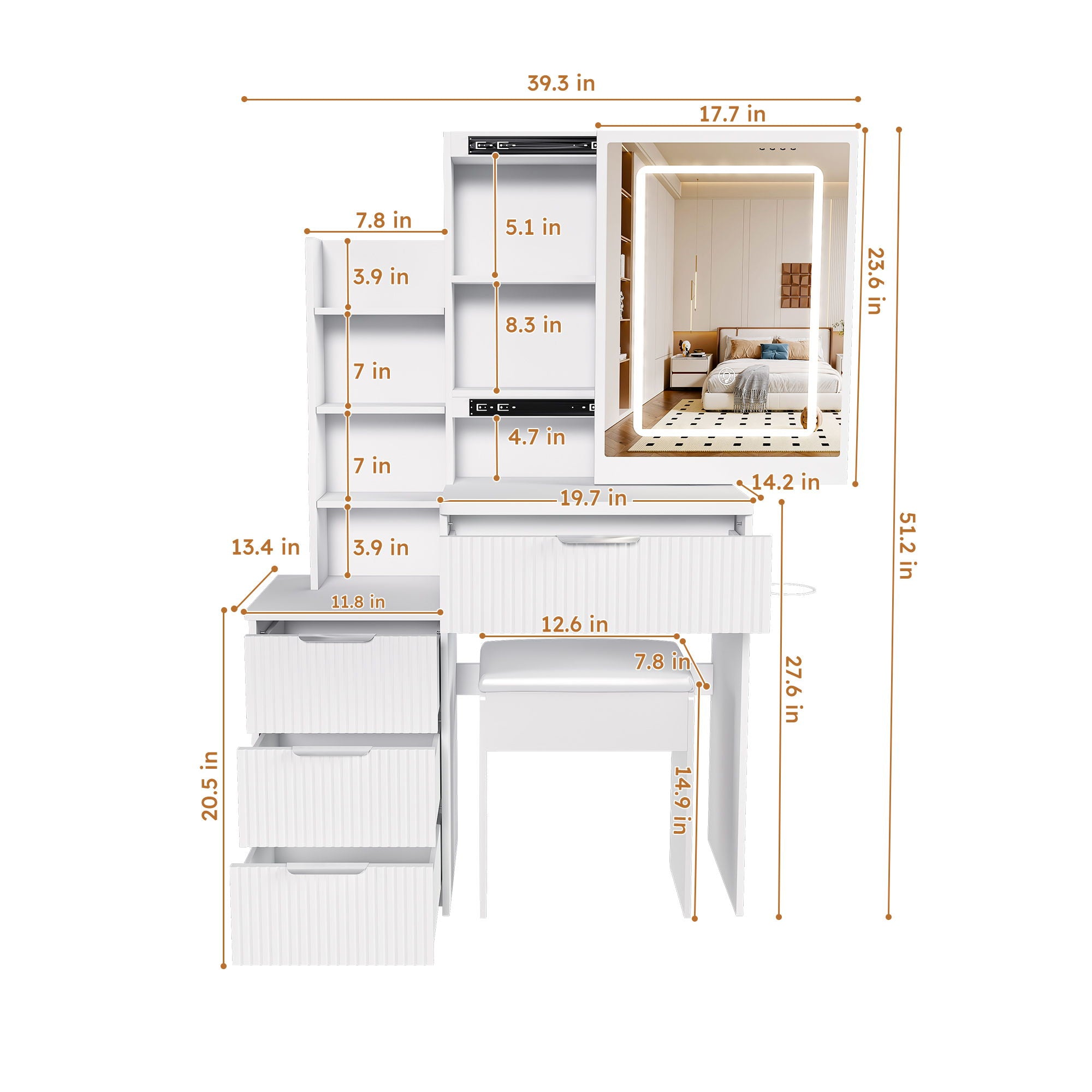 Modern Vanity Desk With 3 LED Lighting Modes, 4 Drawers