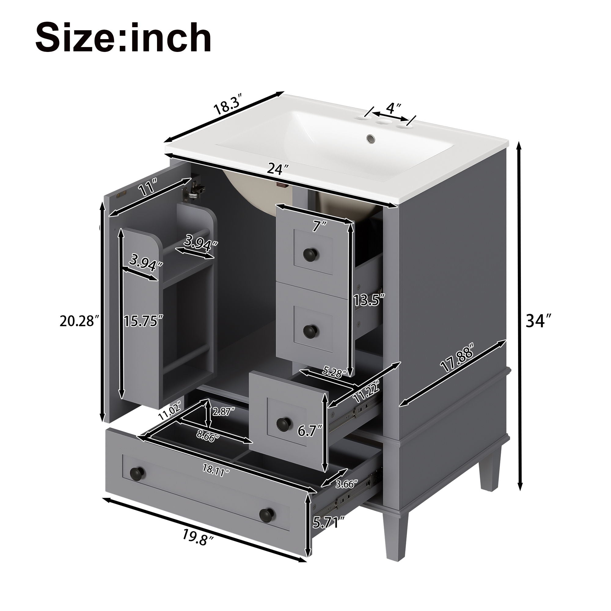 Bathroom Vanity With Integrated Basin, Soft Close Drawers, Door Mounted Double Layer Shelf