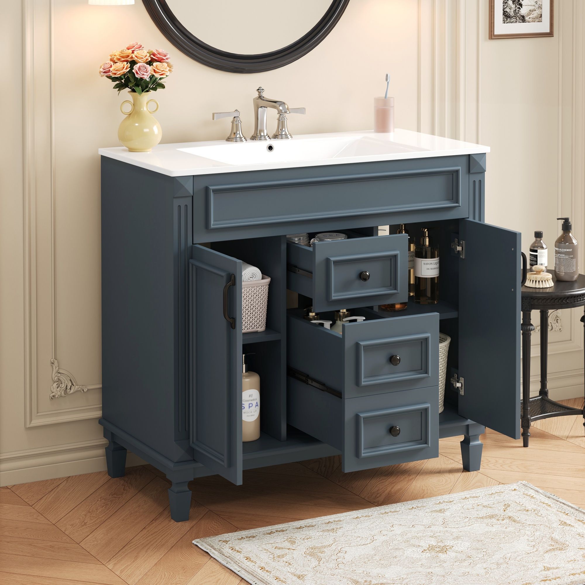 36" Bathroom Vanity With Top Sink, Basin On Cabinet With 2 Soft Closing Doors And 2 Drawers - Blue