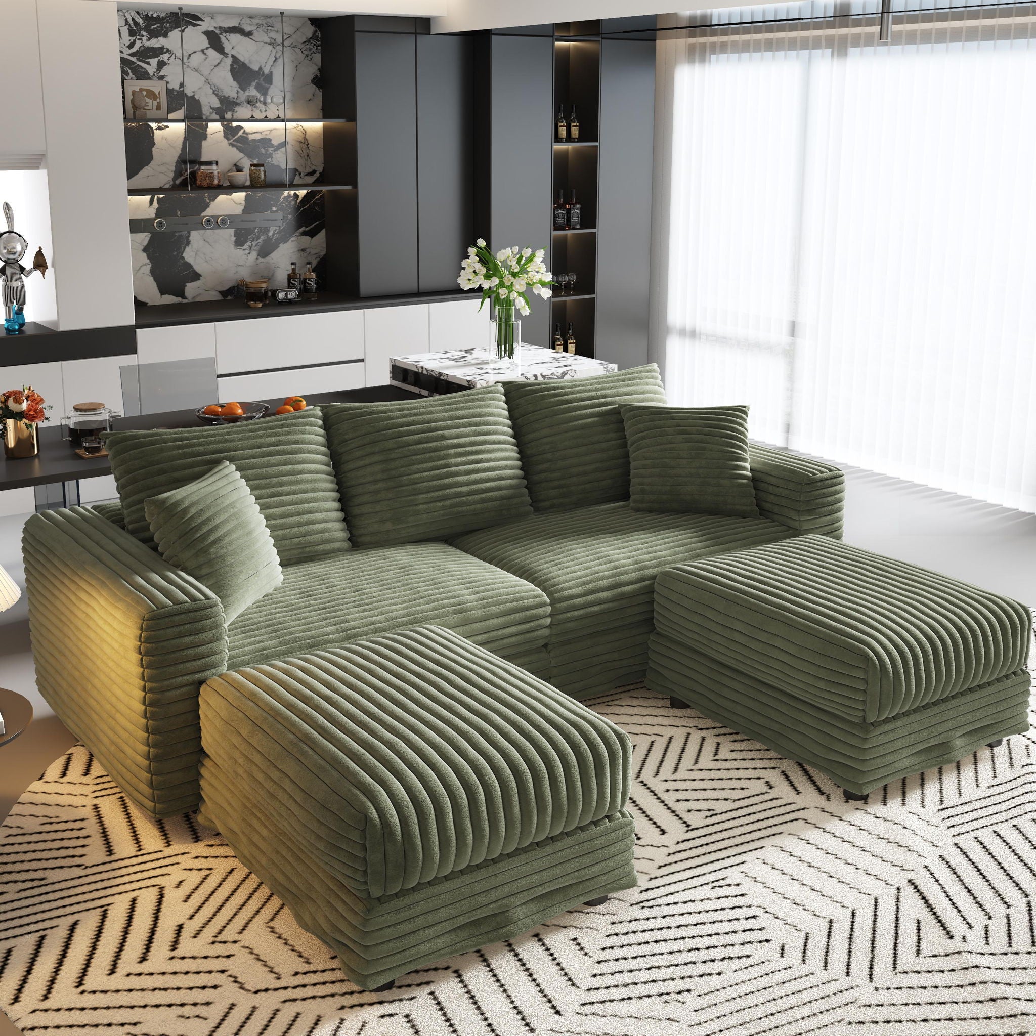 Convertible Deep Seat Sofa With Soft Pillows And Ottomans