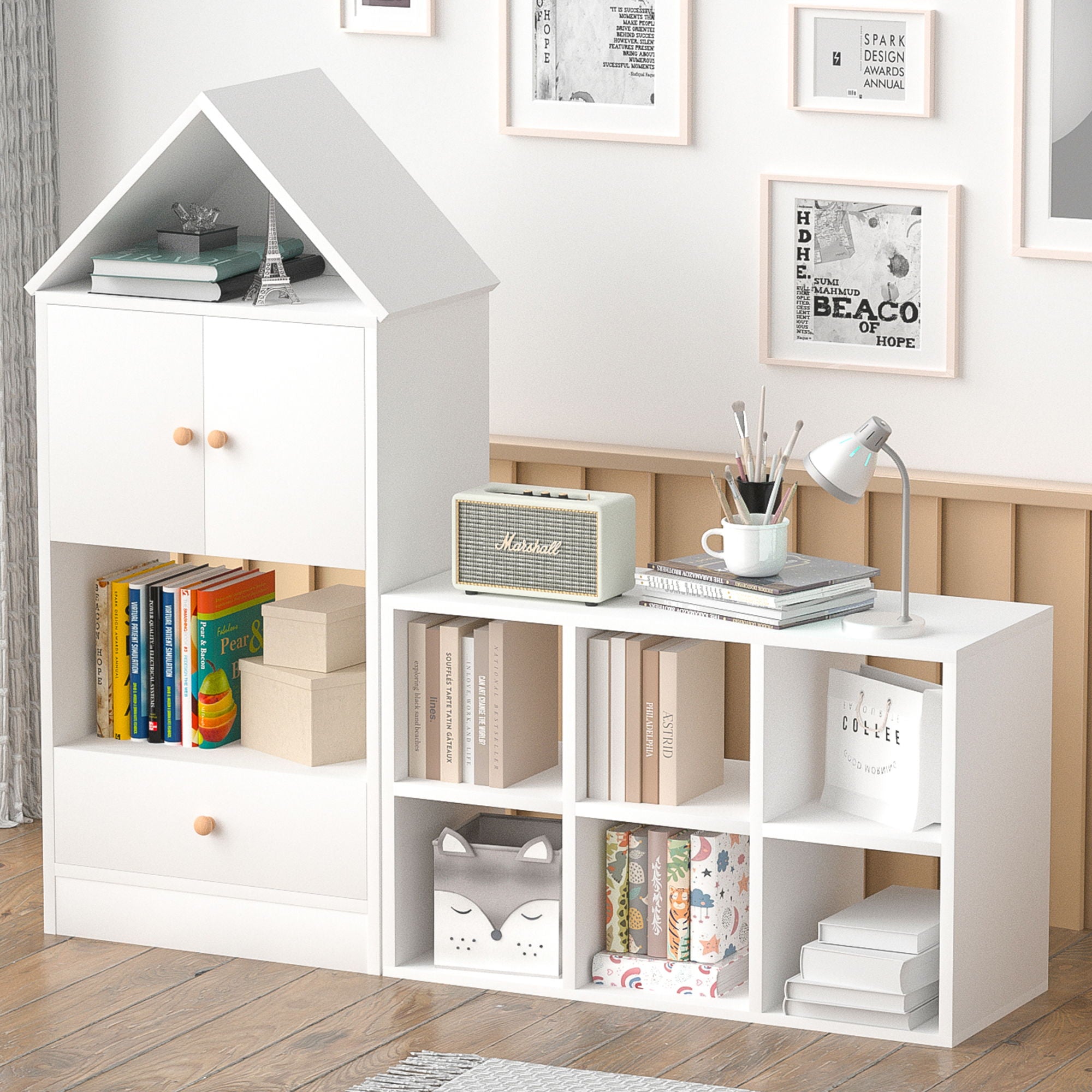 Versatile Children's Bookshelf With House Shaped Design, Multi Functional Storage