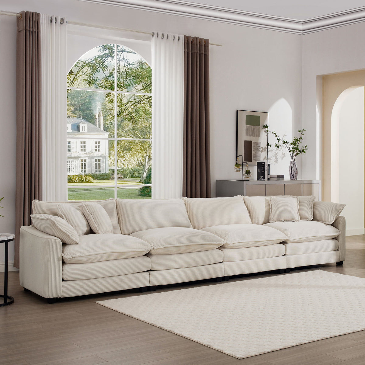 Modern Upholstered 4 Seater Fabric Sofa With Arm And Throw Pillows