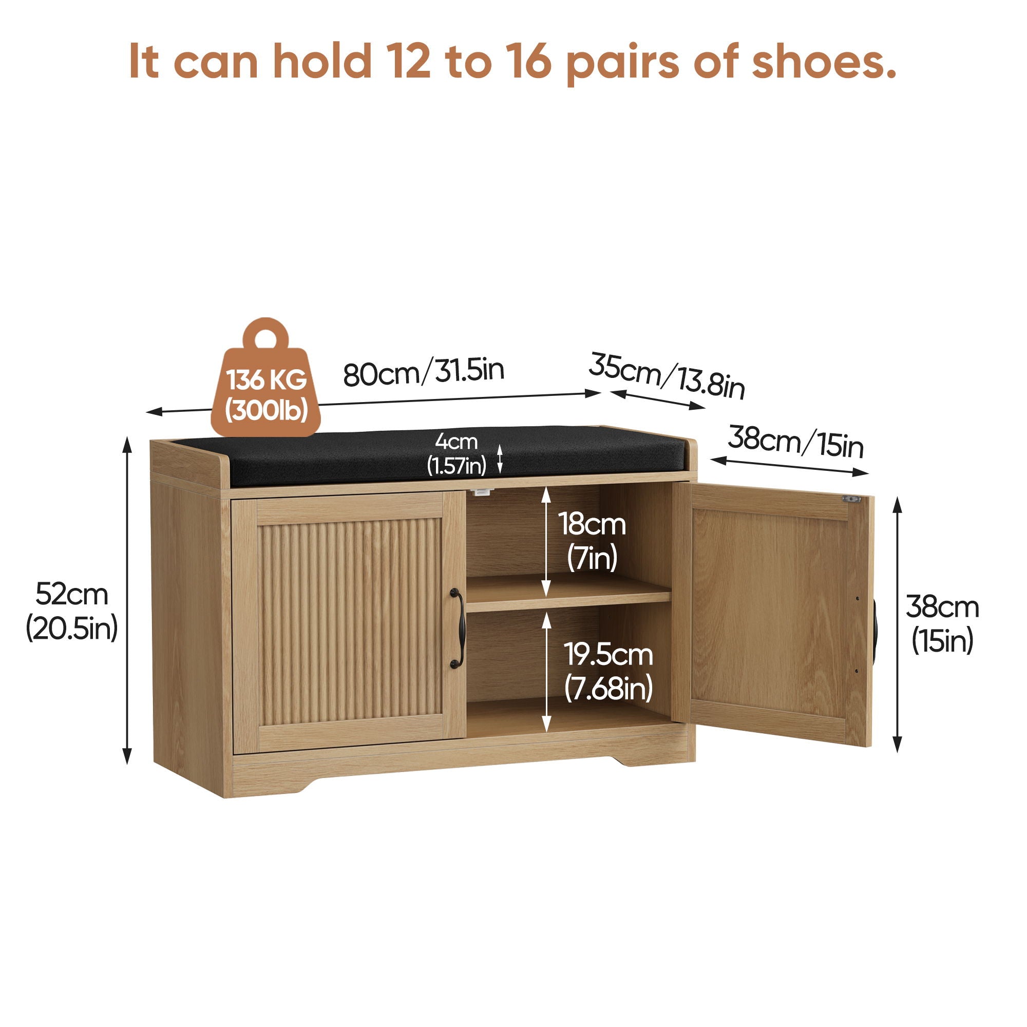 Entryway Shoe Bench With Double Doors, Upholstered Seat - Oak