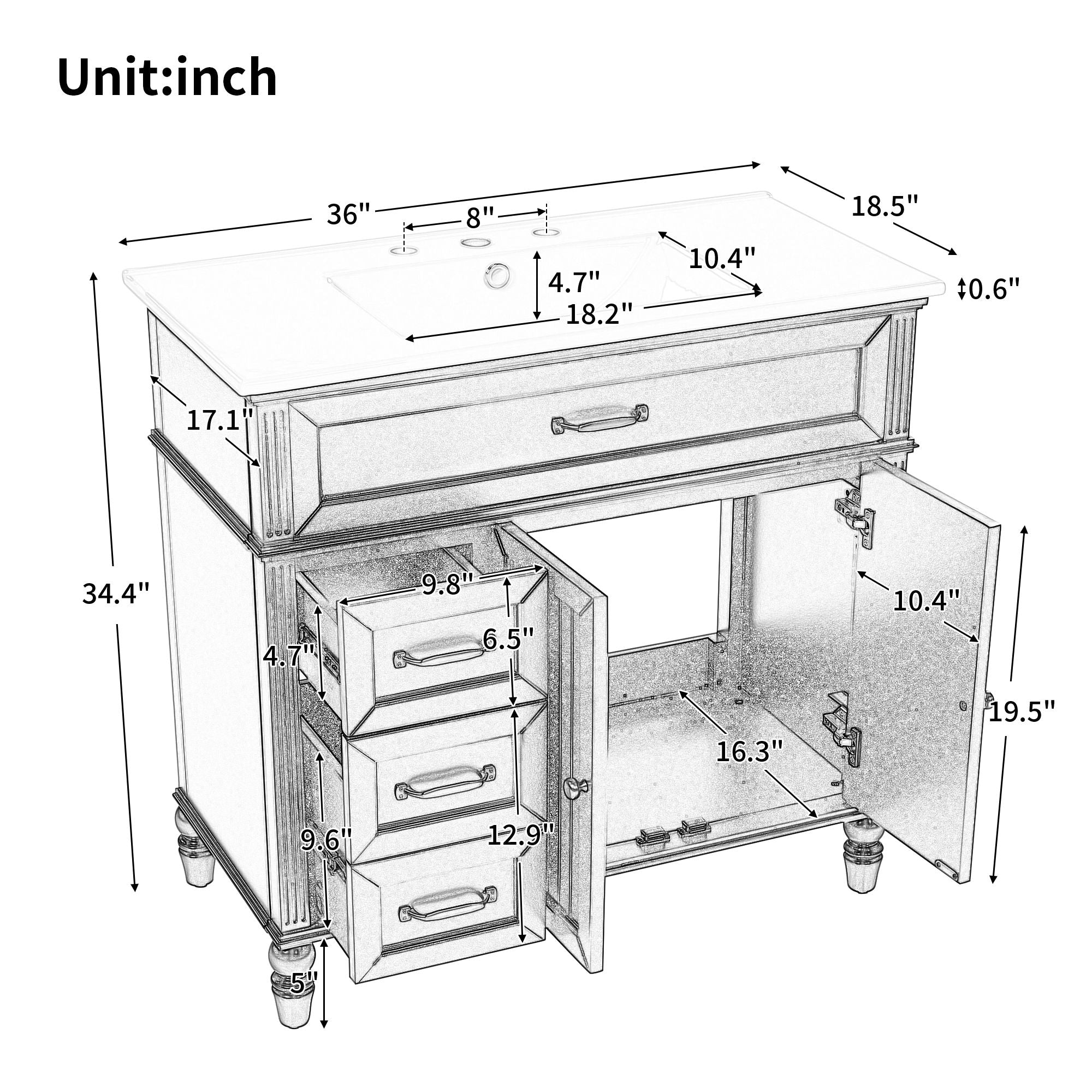 Bathroom Vanity With Sink, 2 Door Storage With Soft Closing Hinges - White
