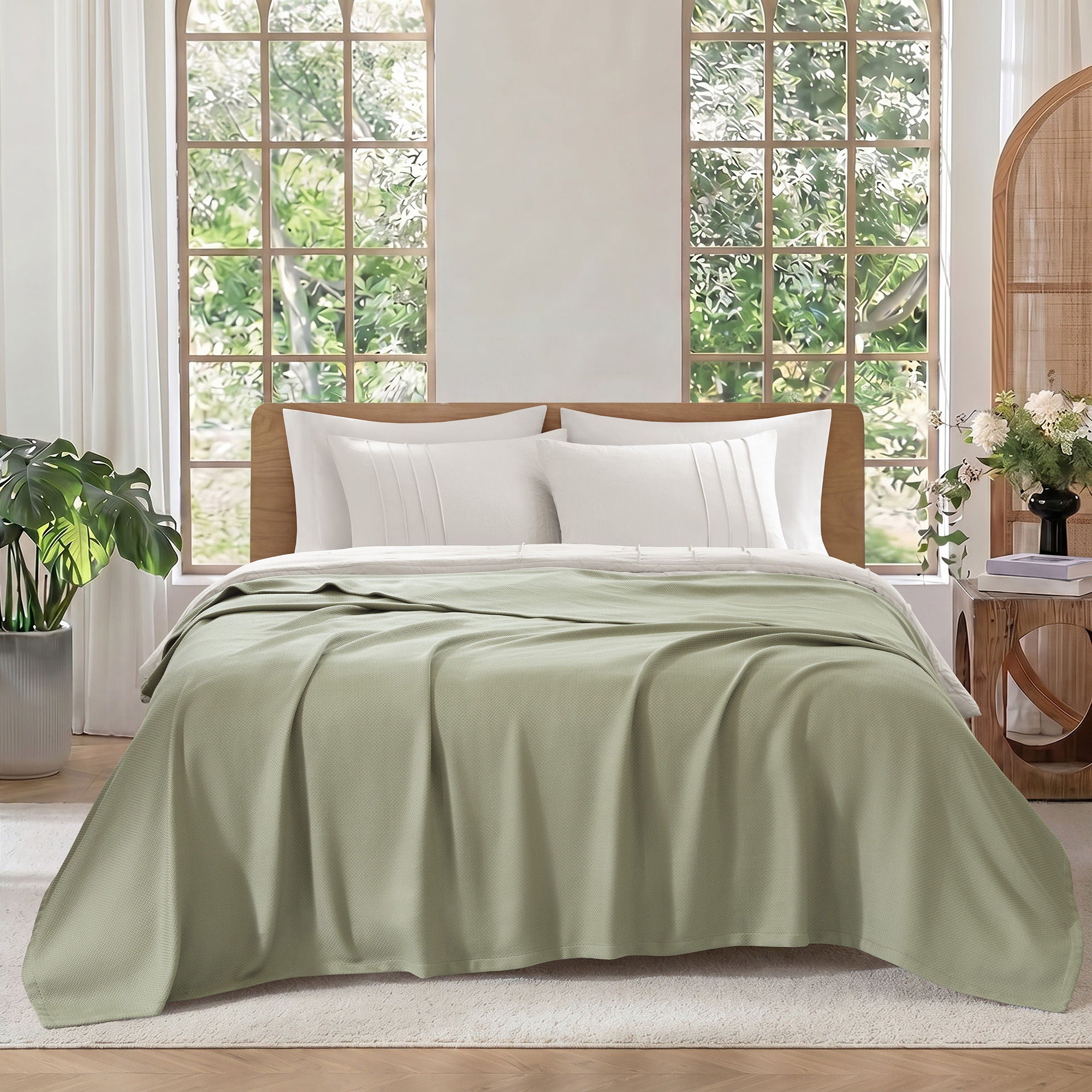 Egyptian Cotton - King 100% Certified Egyptian Cotton Blanket - Micro-Herringbone Green