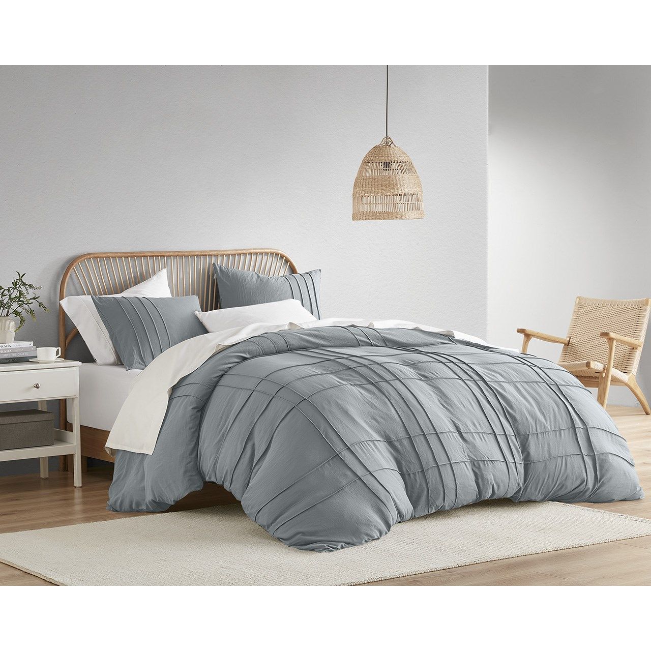 Porter - Full Soft Washed Pleated Duvet Cover Set - Blue / Gray