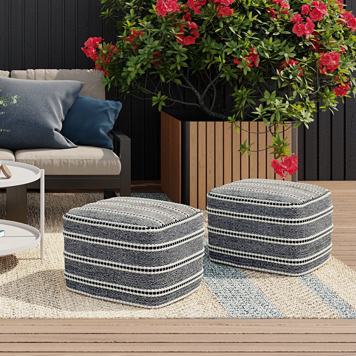 Corrie - Square Outdoor / Indoor Pouf - Navy / White
