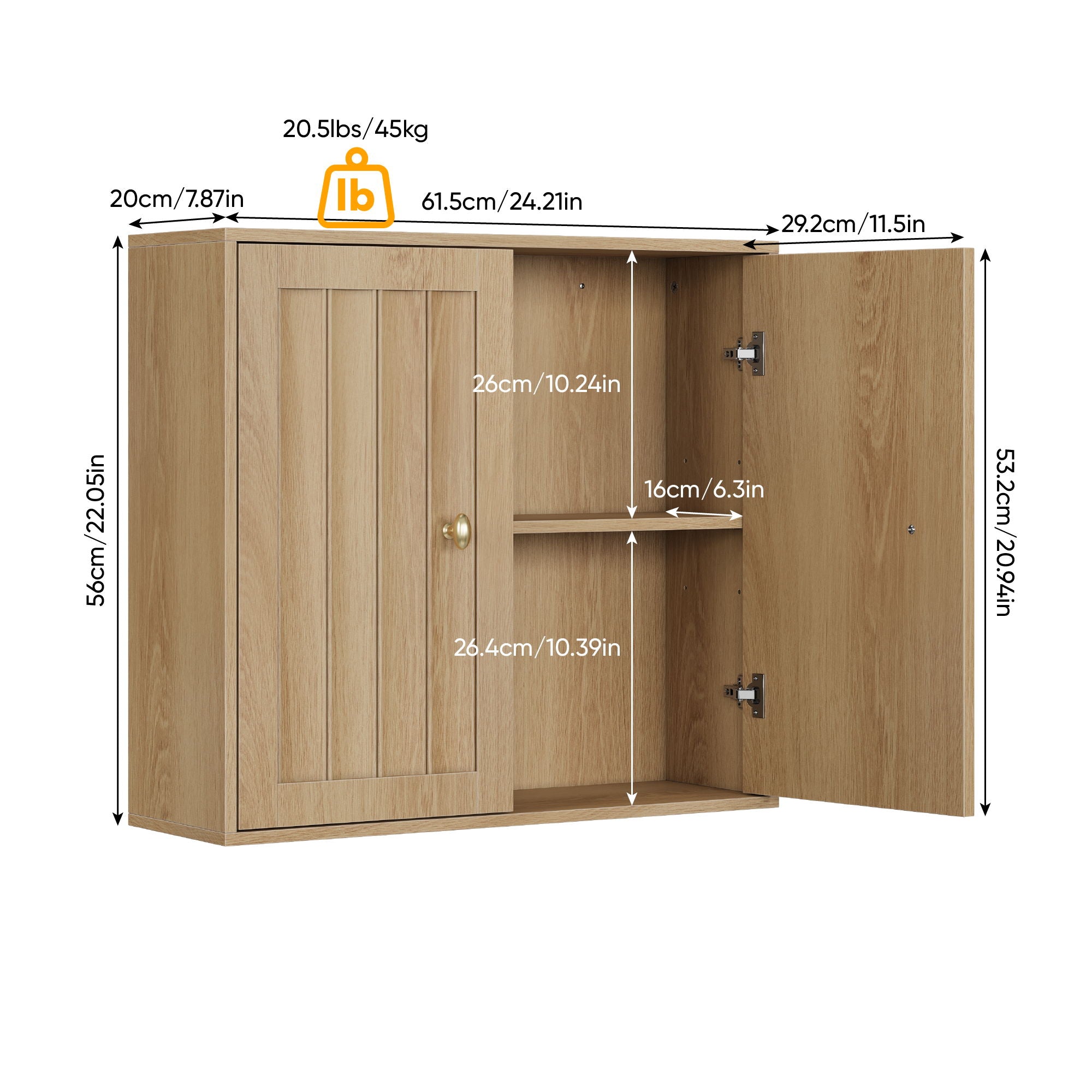 Wall Mounted Bathroom Cabinet With Double Doors And Vertical Grooved Design For Bathrooms - Oak