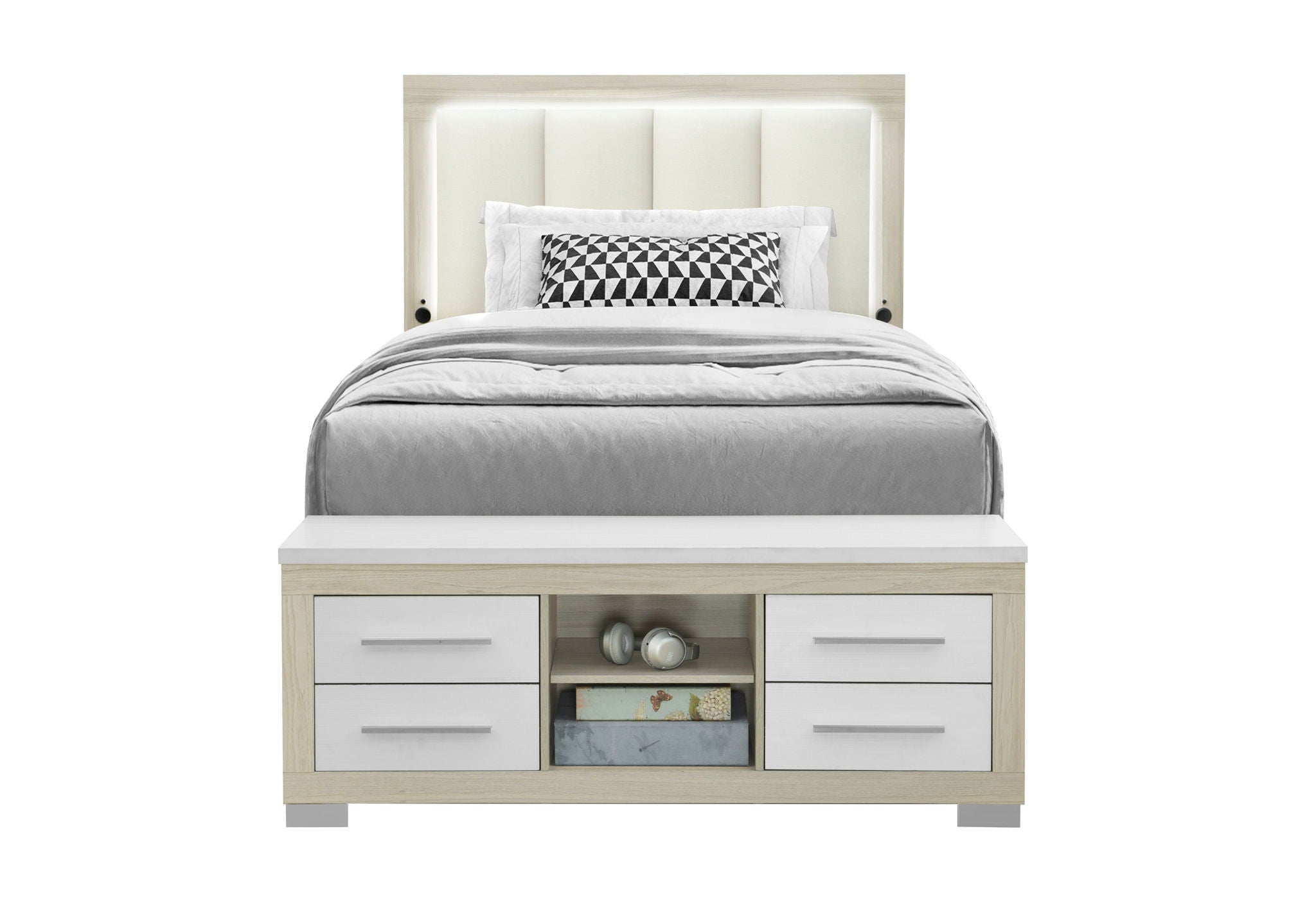 Emma - Full Bed Headboard With LED And USB - Natural / White