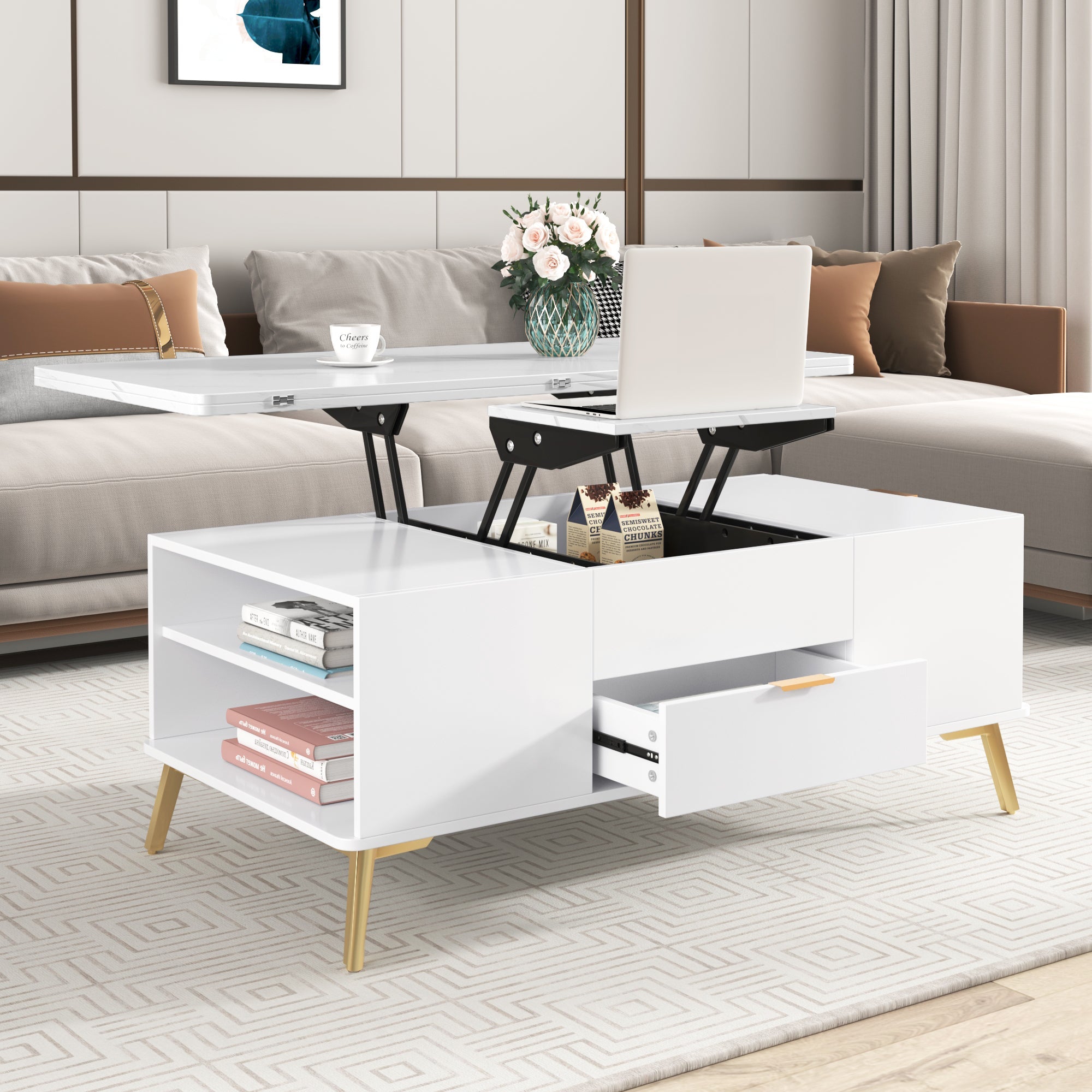 Modern Lift Top Coffee Table Multi Functional Table with Drawers in White