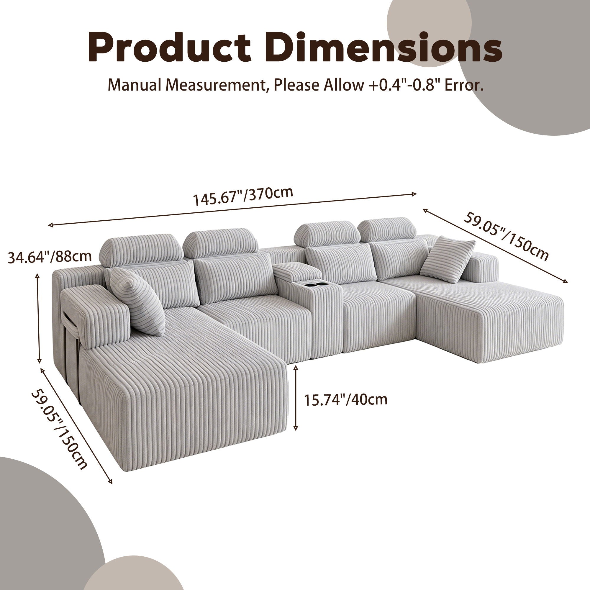 U-Shaped Sectional Sofa With Chaise Lounge And Cup Holders