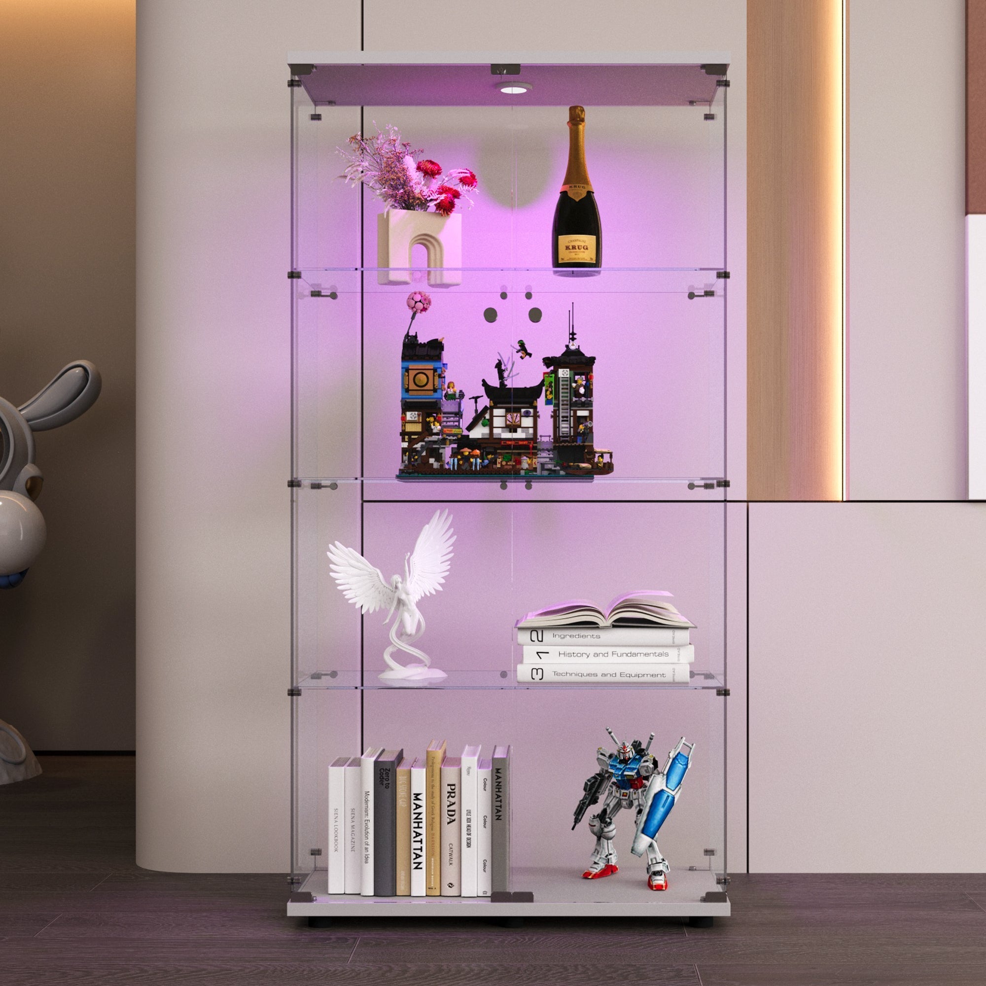 Two-door LED lights Glass Display Cabinet 4 Shelves with Door, Floor Standing Curio Bookshelf for Living Room Bedroom Office, 64.7"*31.7"*14.3", White