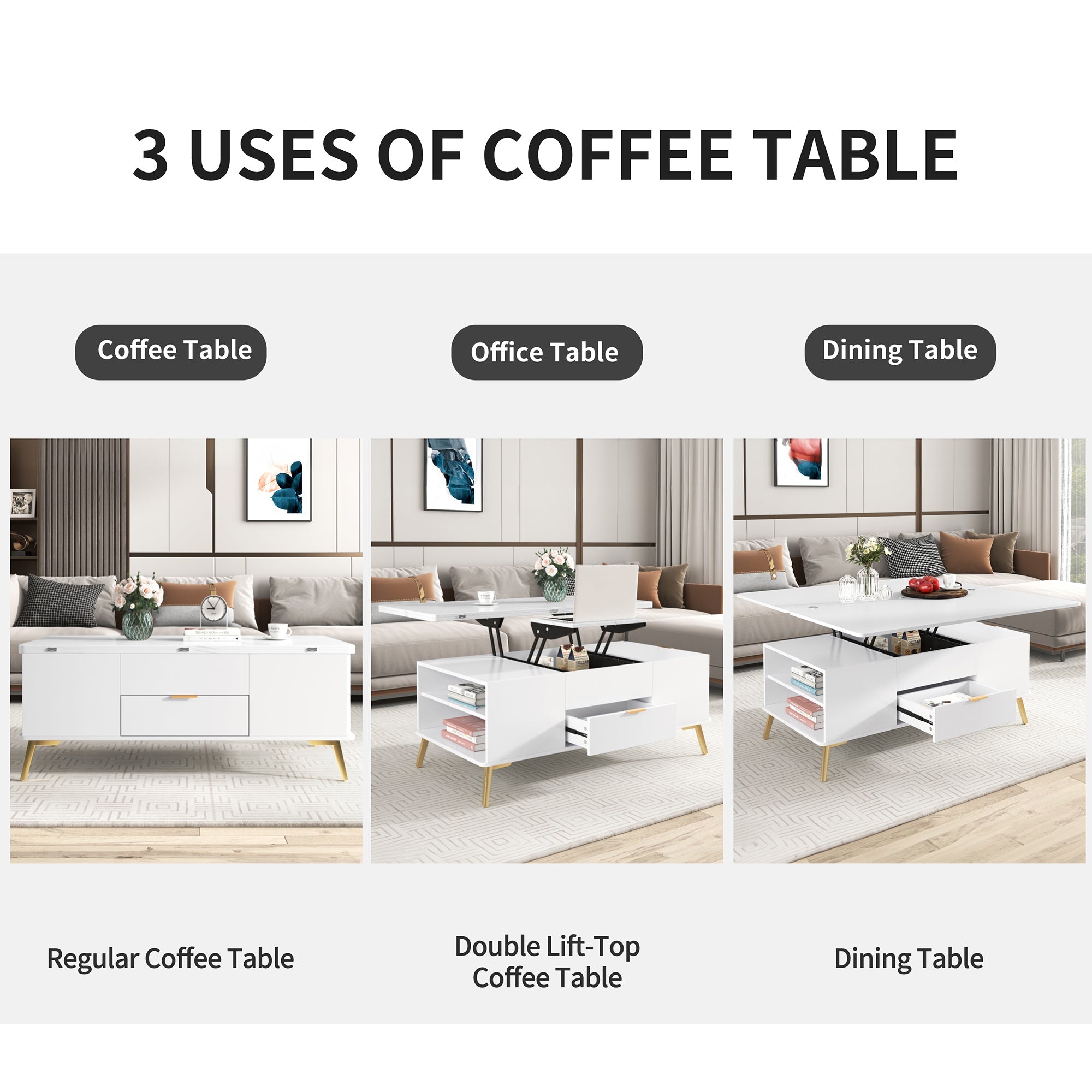 Modern Lift Top Coffee Table Multi Functional Table with Drawers in White