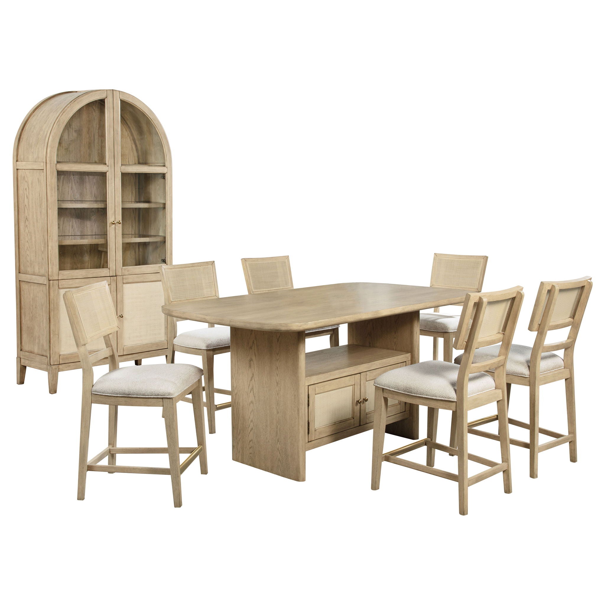 Kimpton - 8 Piece Counter Dining Set With Cabinet & Design, Includes Table, Chairs And Display Cabinet - Oak