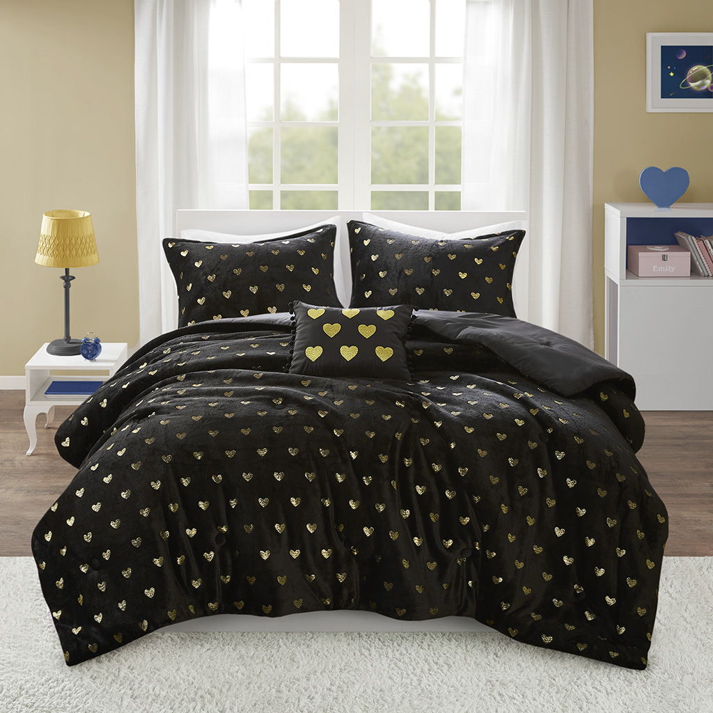 Rosalie - 4 Piece Full/Queen Metallic Printed Plush Comforter Set With Throw Pillow - Black/Gold