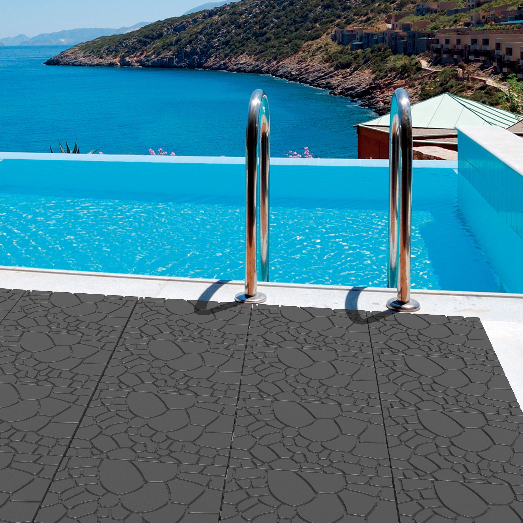 Stone Texture Patio Deck Tiles, Diy Interlocking Floor Tiles (Set of 44) - Dark Gray