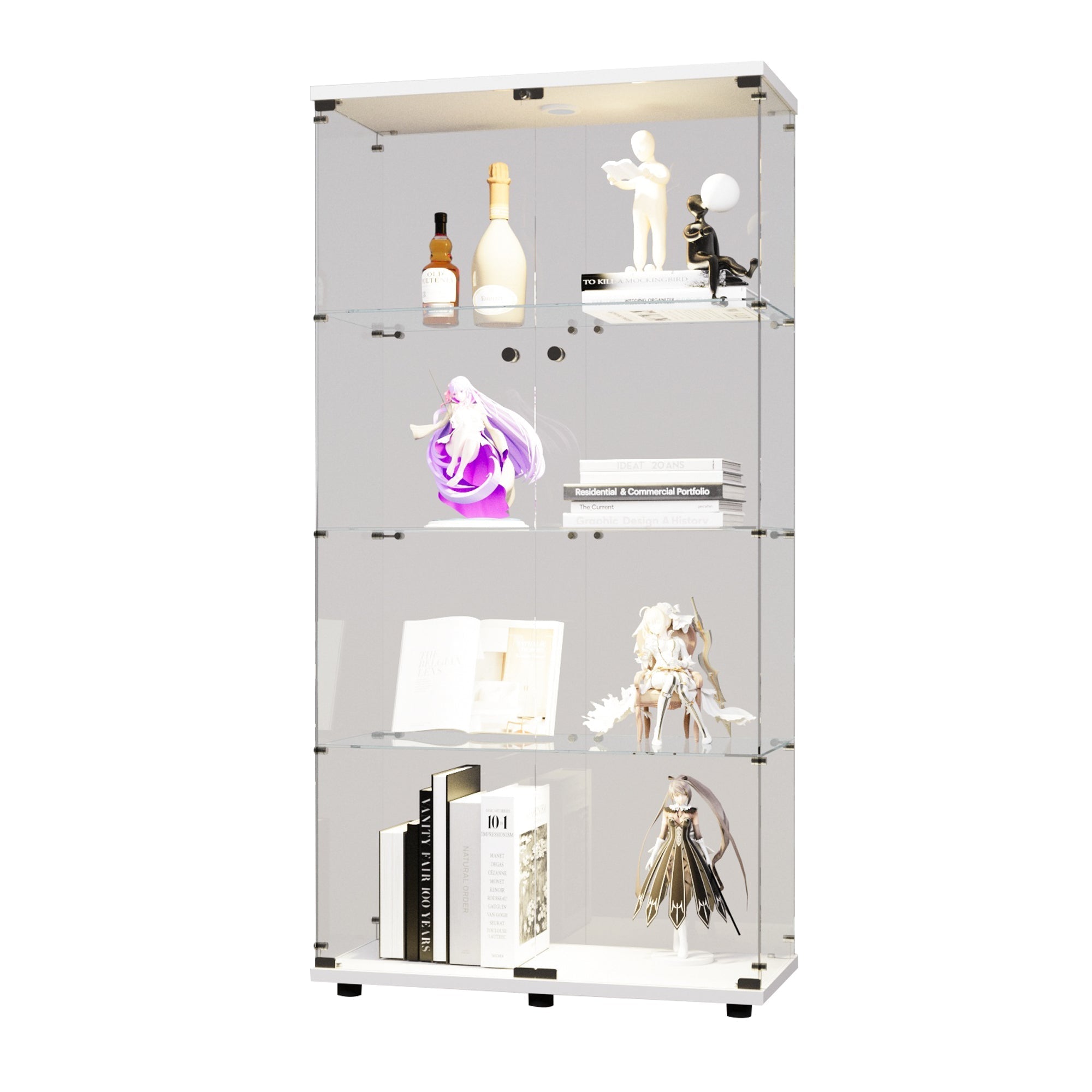 Two-door LED lights Glass Display Cabinet 4 Shelves with Door, Floor Standing Curio Bookshelf for Living Room Bedroom Office, 64.7"*31.7"*14.3", White