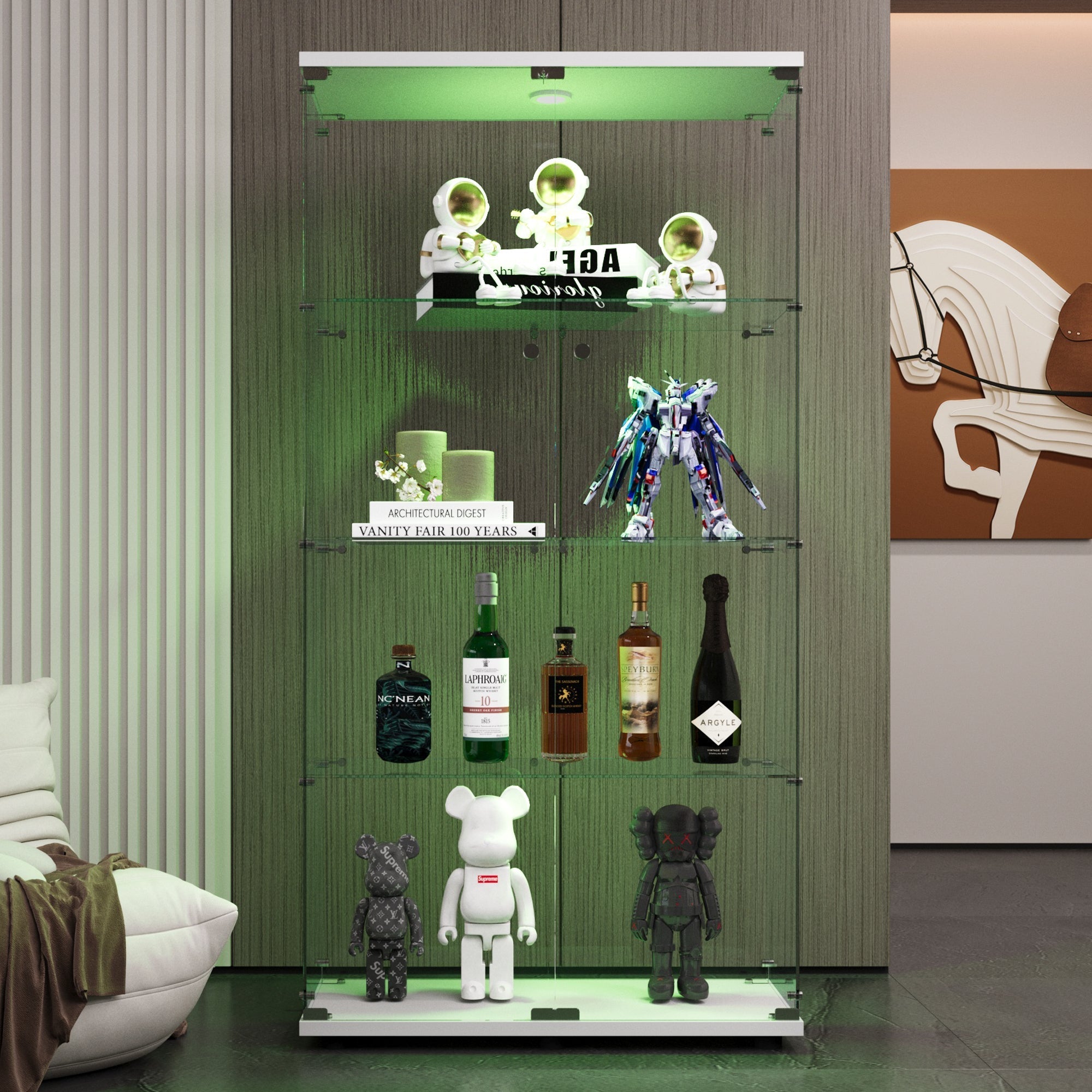 Two-door LED lights Glass Display Cabinet 4 Shelves with Door, Floor Standing Curio Bookshelf for Living Room Bedroom Office, 64.7"*31.7"*14.3", White