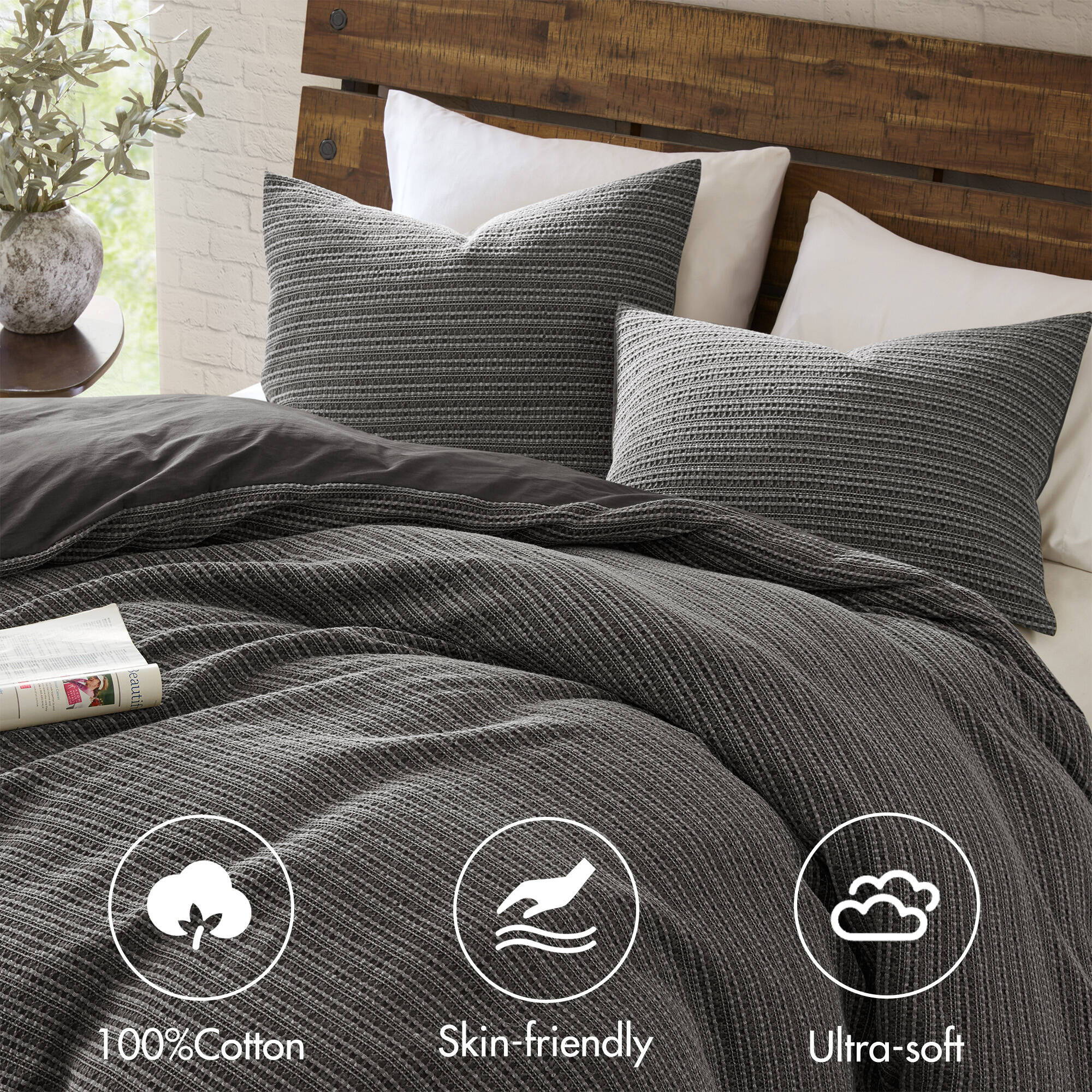 Lyon - 3 Piece King/California King Waffle Washed Duvet Set - Charcoal