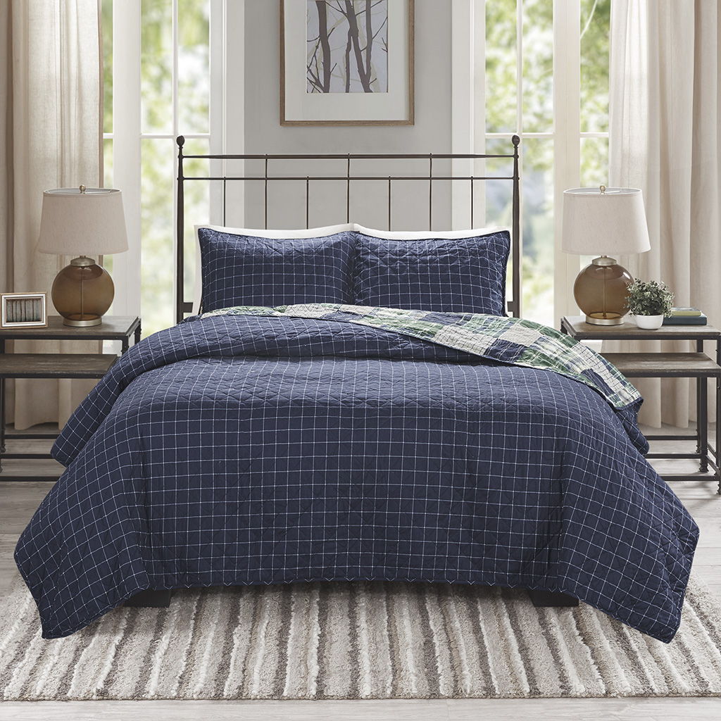 Timber - King 3 Piece Reversible Printed Coverlet Set - Green / Navy