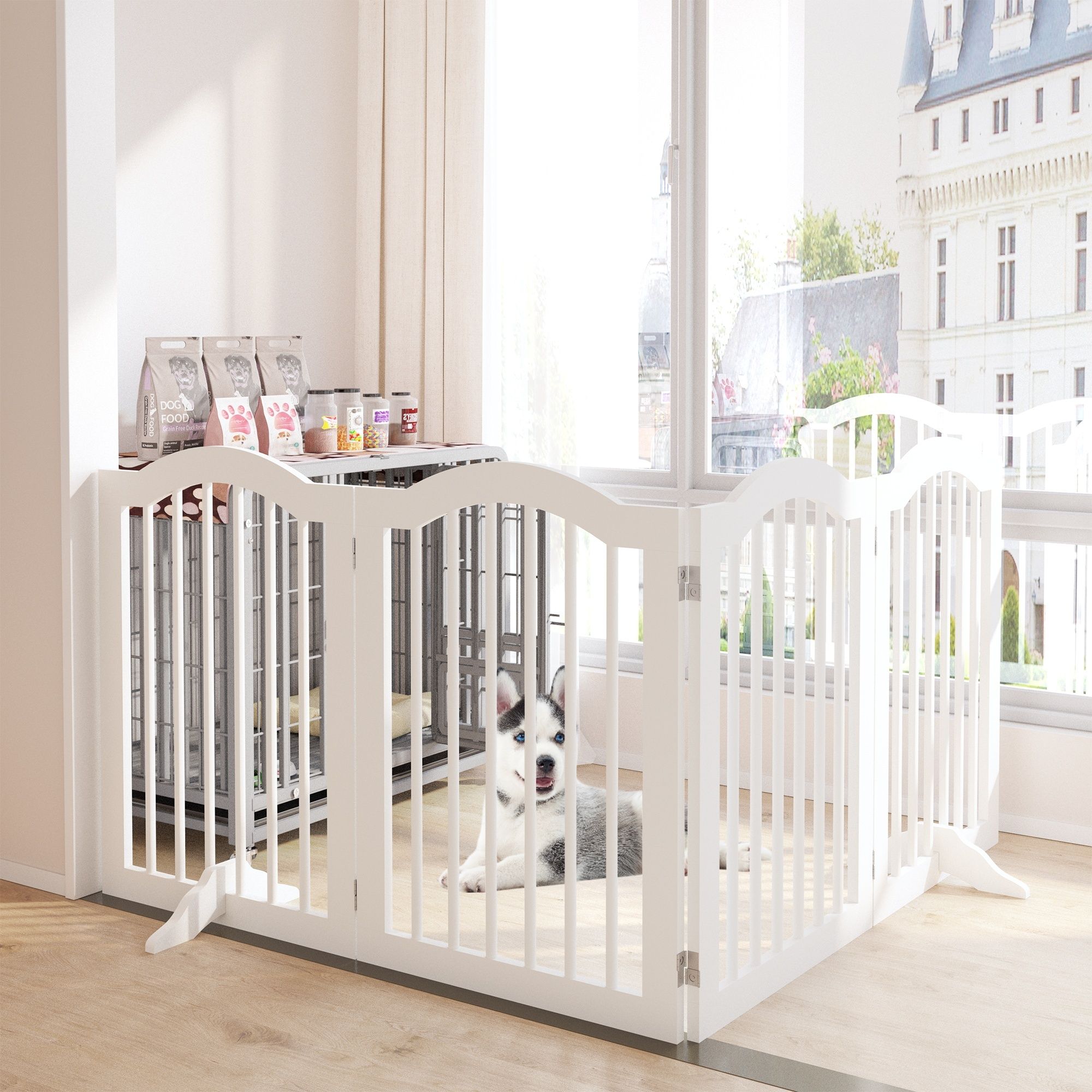 4 Panel Freestanding Pet Gate With Foldable Design And Support Feet - White