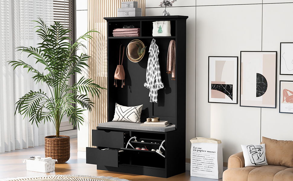 5 In 1 Entryway Bench With Coat Rack, Cushion And 4 Sturdy Hooks, Shoe Storage Bench