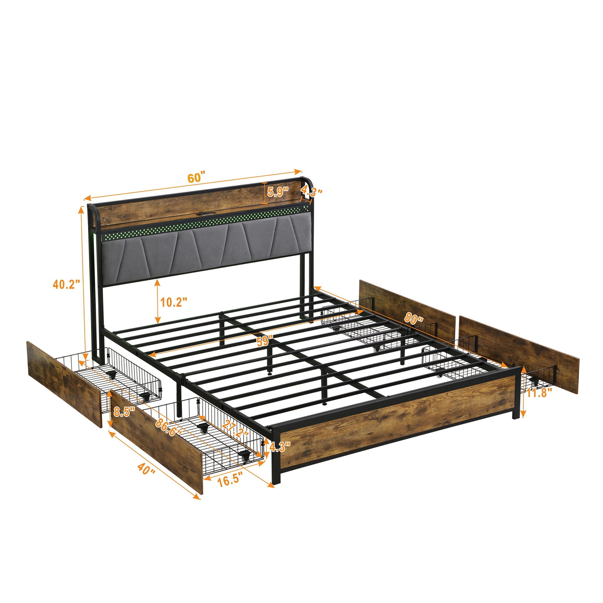 Modern Bed Frame With LED Lights, Upholstered Headboard, USB Charging