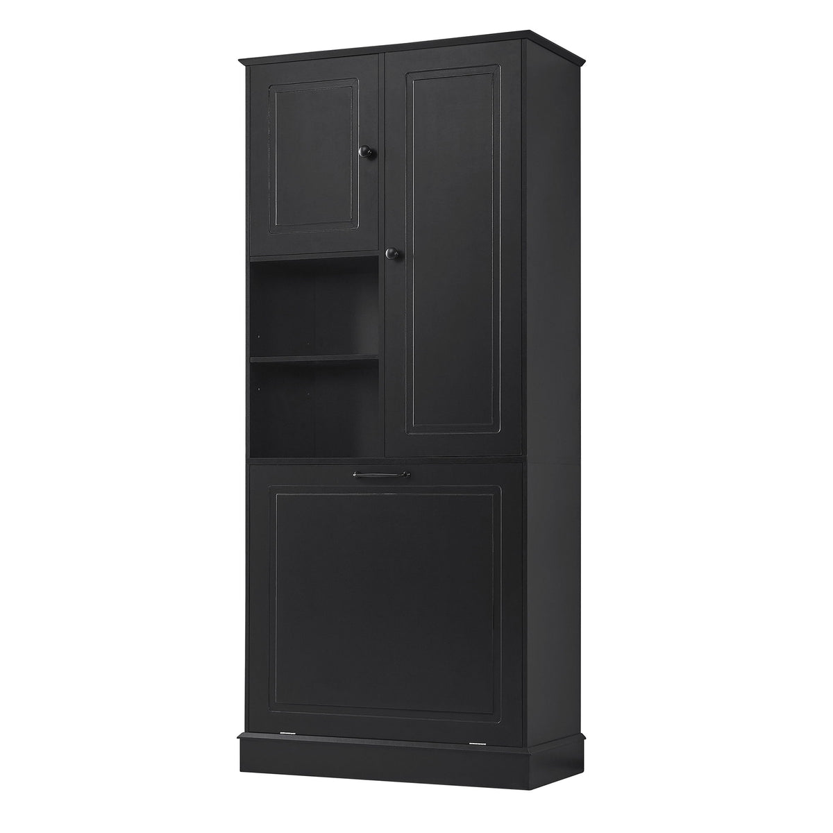Modern Tall Storage Cabinet With Adjustable Shelves, Flip-Out Basket & Enclosed Doors