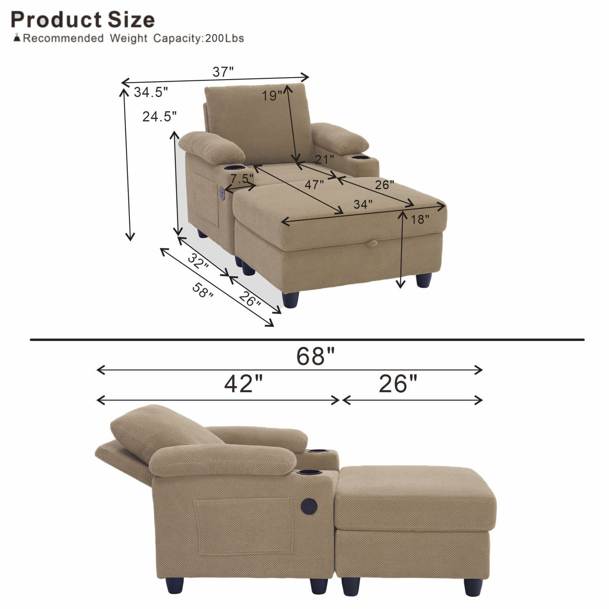 Accent Chair With Storage Ottoman, Reclining Single Chaise Lounge With Cupholders And USB, C Ports