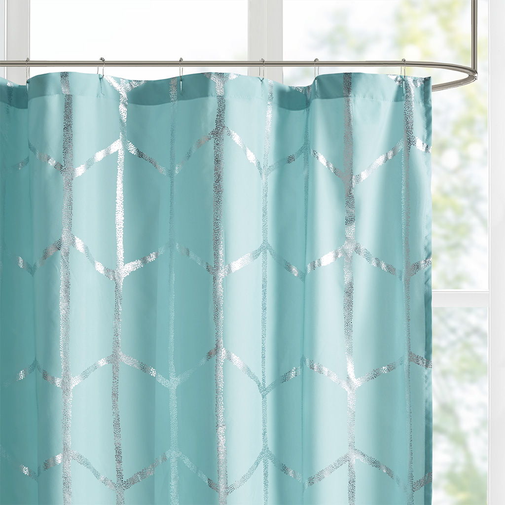 Raina - Printed Metallic Shower Curtain - Aqua / Silver