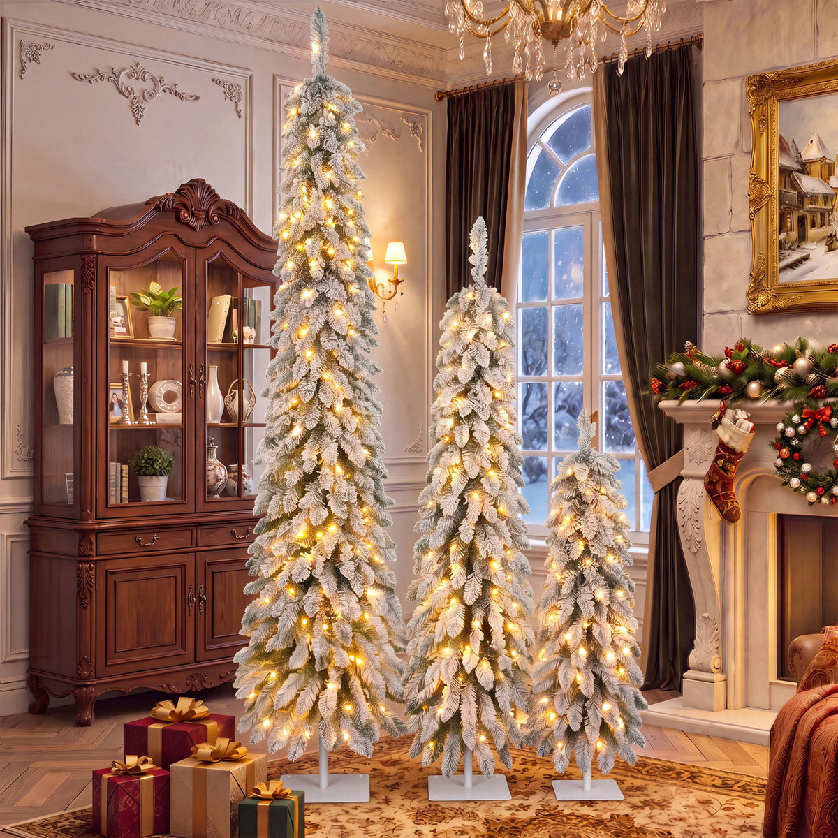 Slim Snow Flocked Pre Lit Pencil Christmas Tree, 3.9Ft / 5.9Ft / 7.9Ft With 750 Branch Tips, 480 LED Lights, Warm Glow, For Indoor Holiday Decor - White