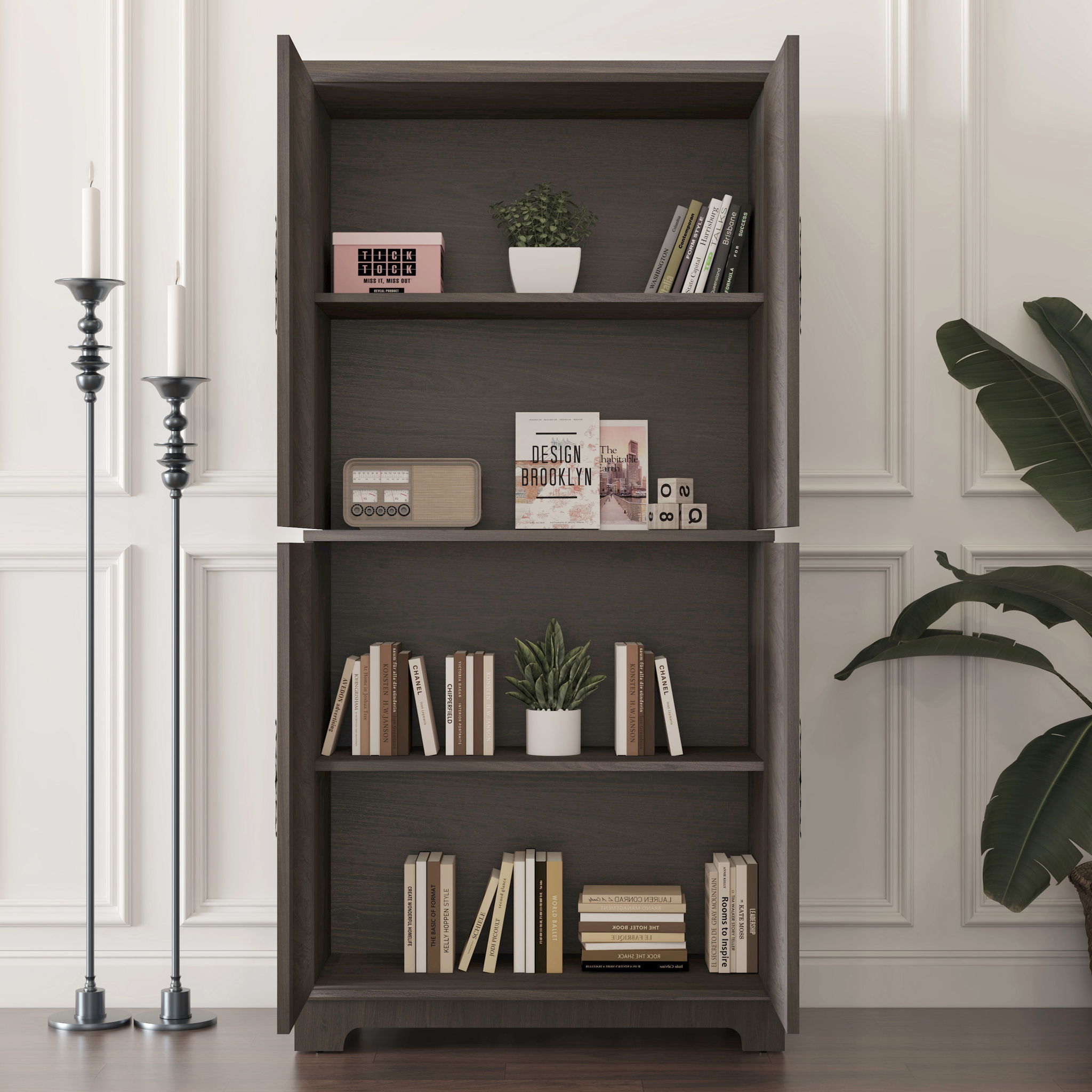 Modern Sideboard Buffet With 4 Mirrored Doors, Adjustable Shelves