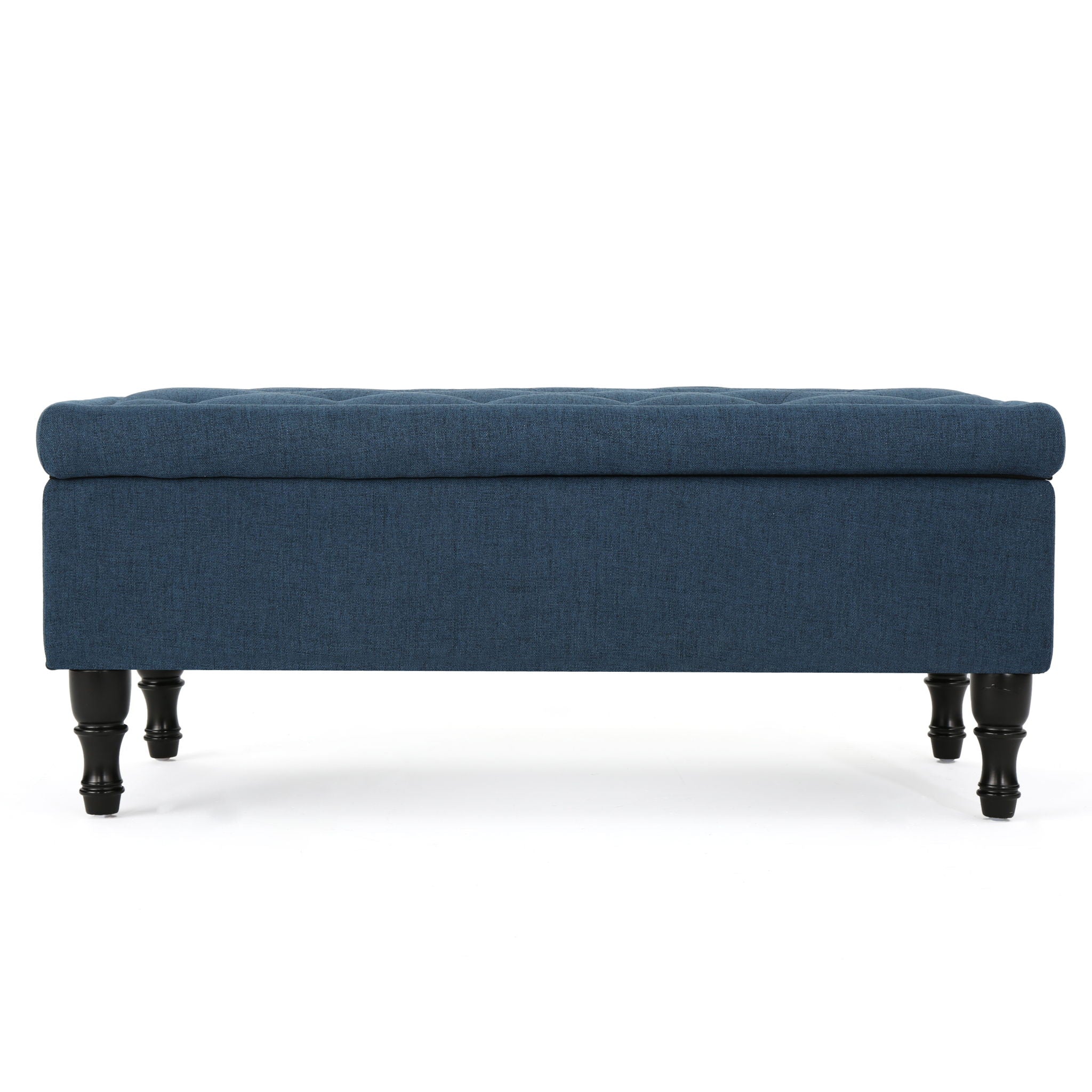 Hyatt - Suede Storage Ottoman With Tufted Top And Dark Wooden Legs - Navy Blue