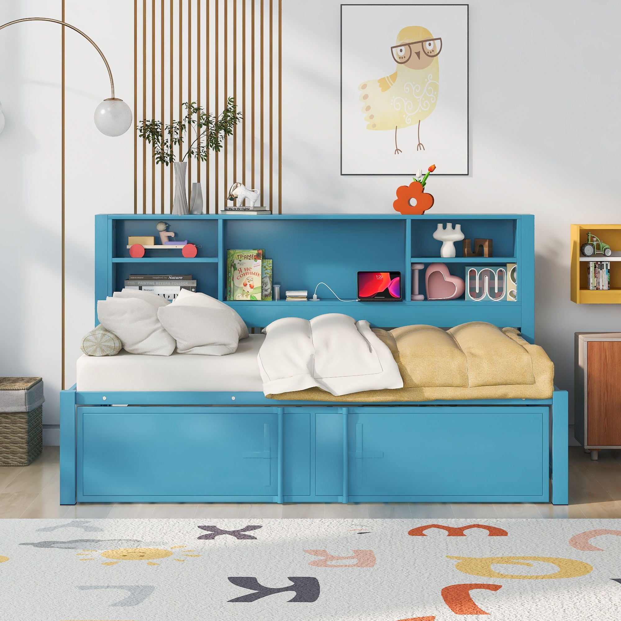 Industrial Metal Daybed With Trundle, Storage Shelves, USB Ports