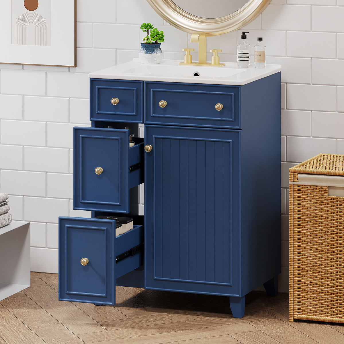 Transitional Style Bathroom Vanity Cabinet With Ceramic Sink