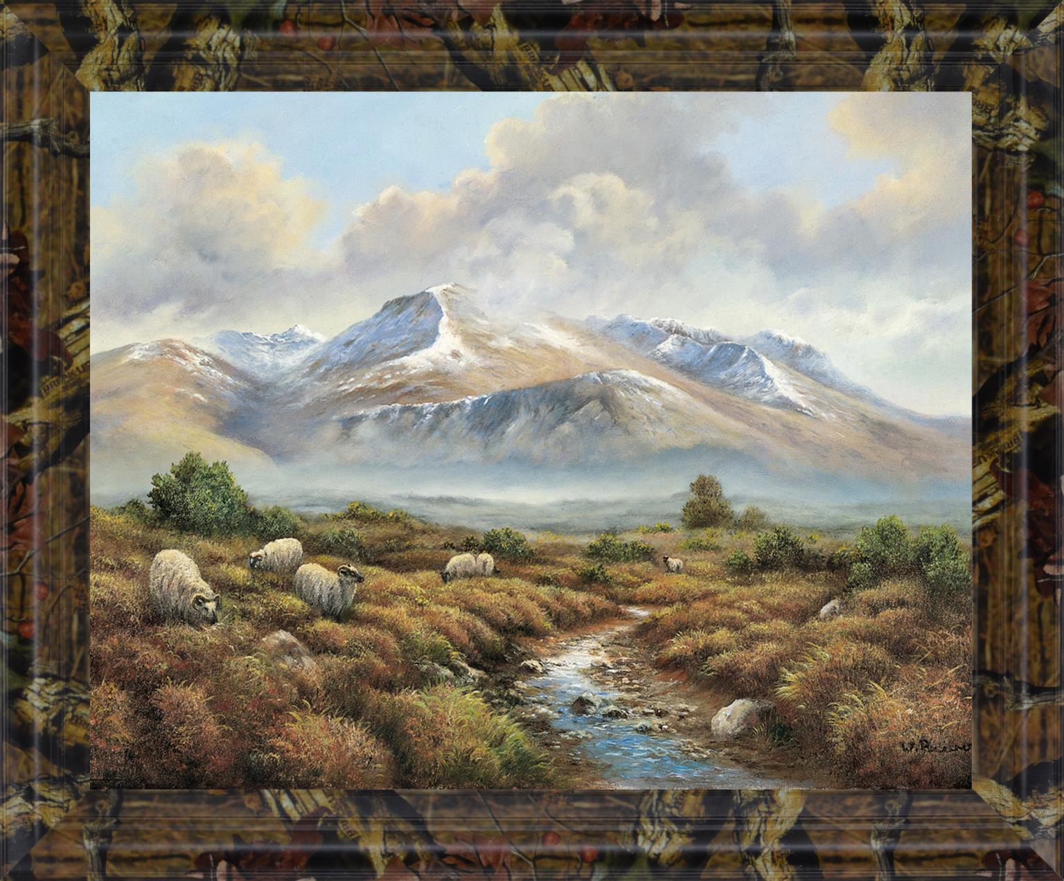Woolly Grazing Vista - 28" x 34" Framed Wall Art - Light Brown