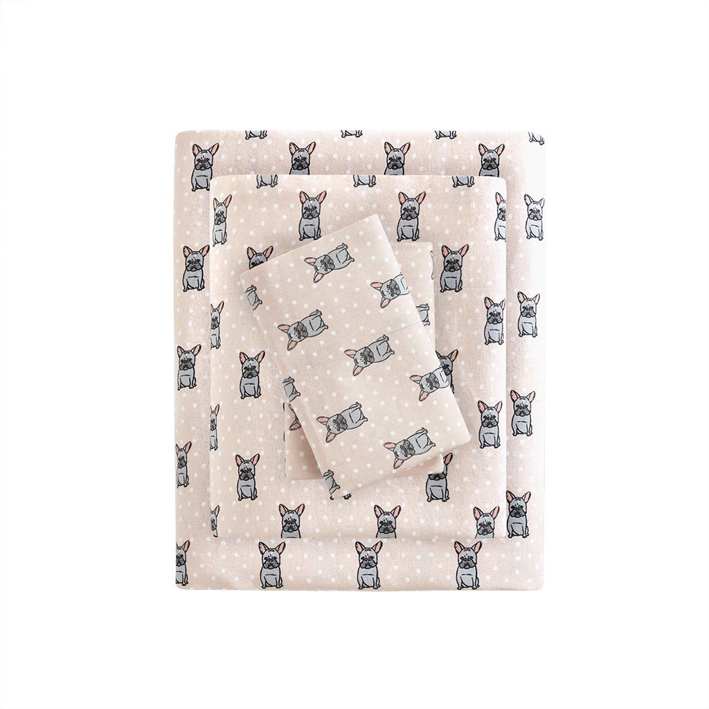 Cozy Flannel - King Printed Sheet Set - Pink French Bulldog