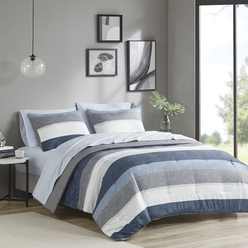 Jaxon - Stripe Microfiber Comforter Set With Bed Sheets - Blue / Gray