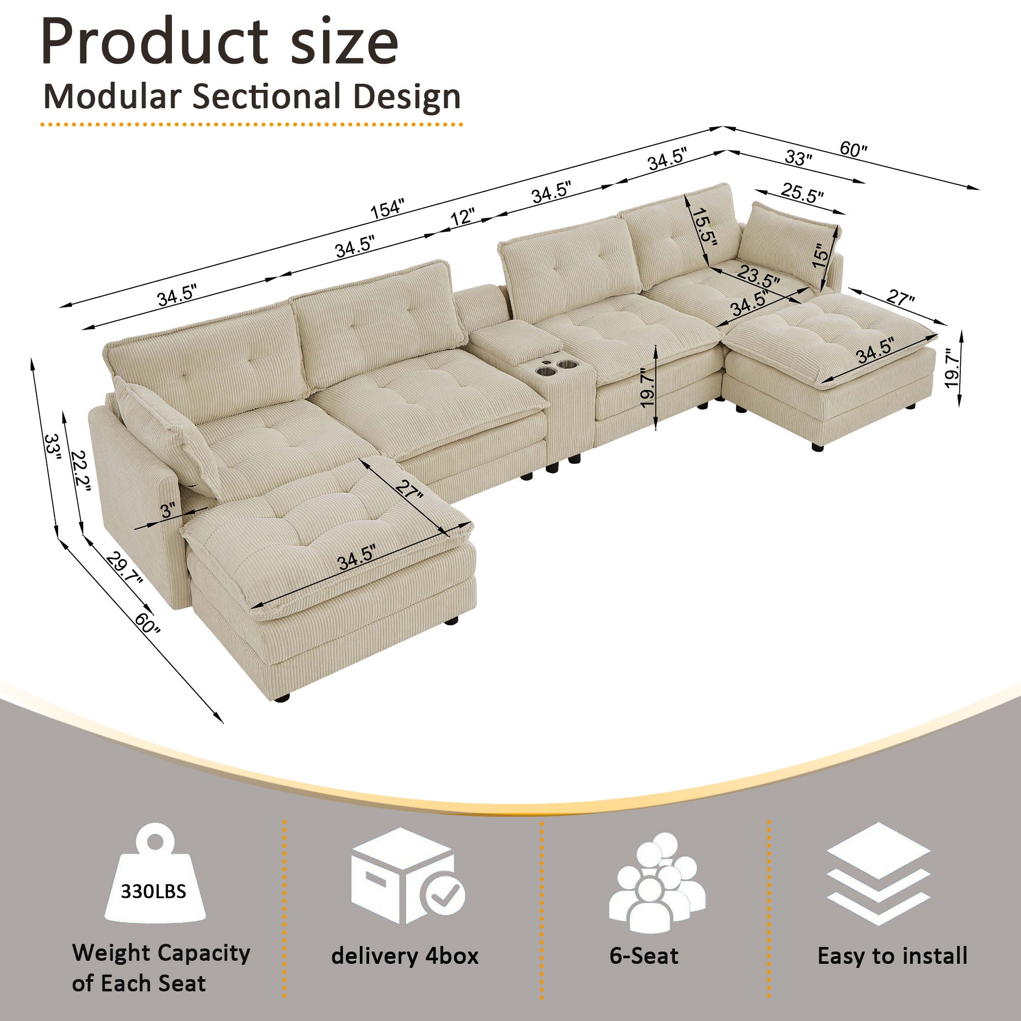 Oversized Modular Sectional Sofa With Multi Functional Console